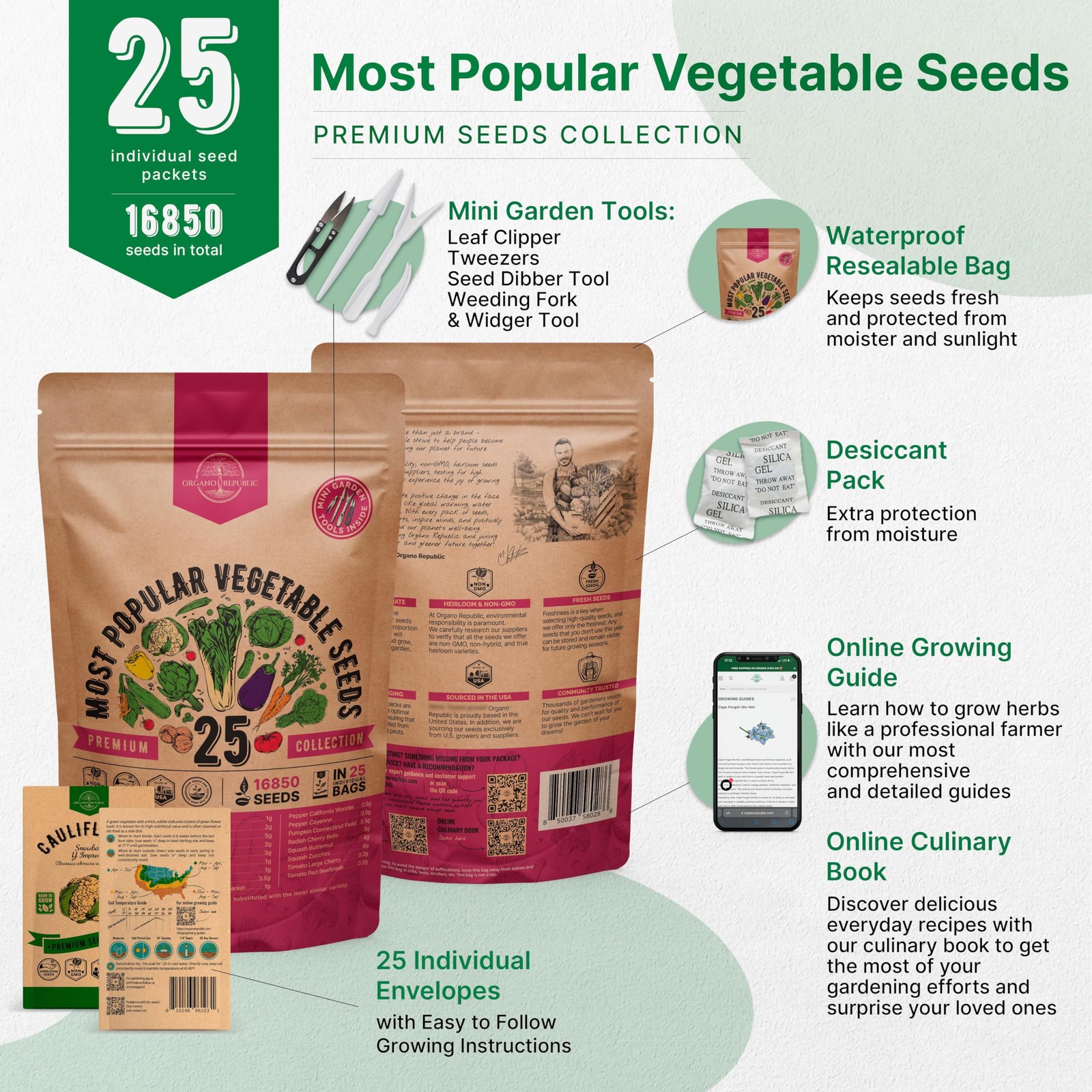 Organo Republic 25 Vegetable Seeds Variety Pack – 16,850+ Non-GMO Heirloom Se…