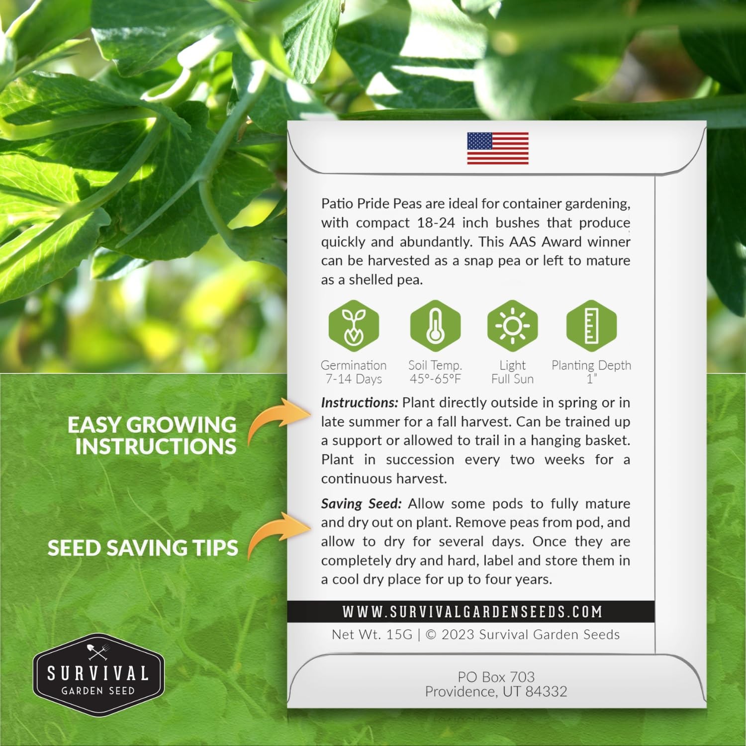 Pea Seeds High Yield Heirloom Non-GMO – Compact Bush for Container Gardens