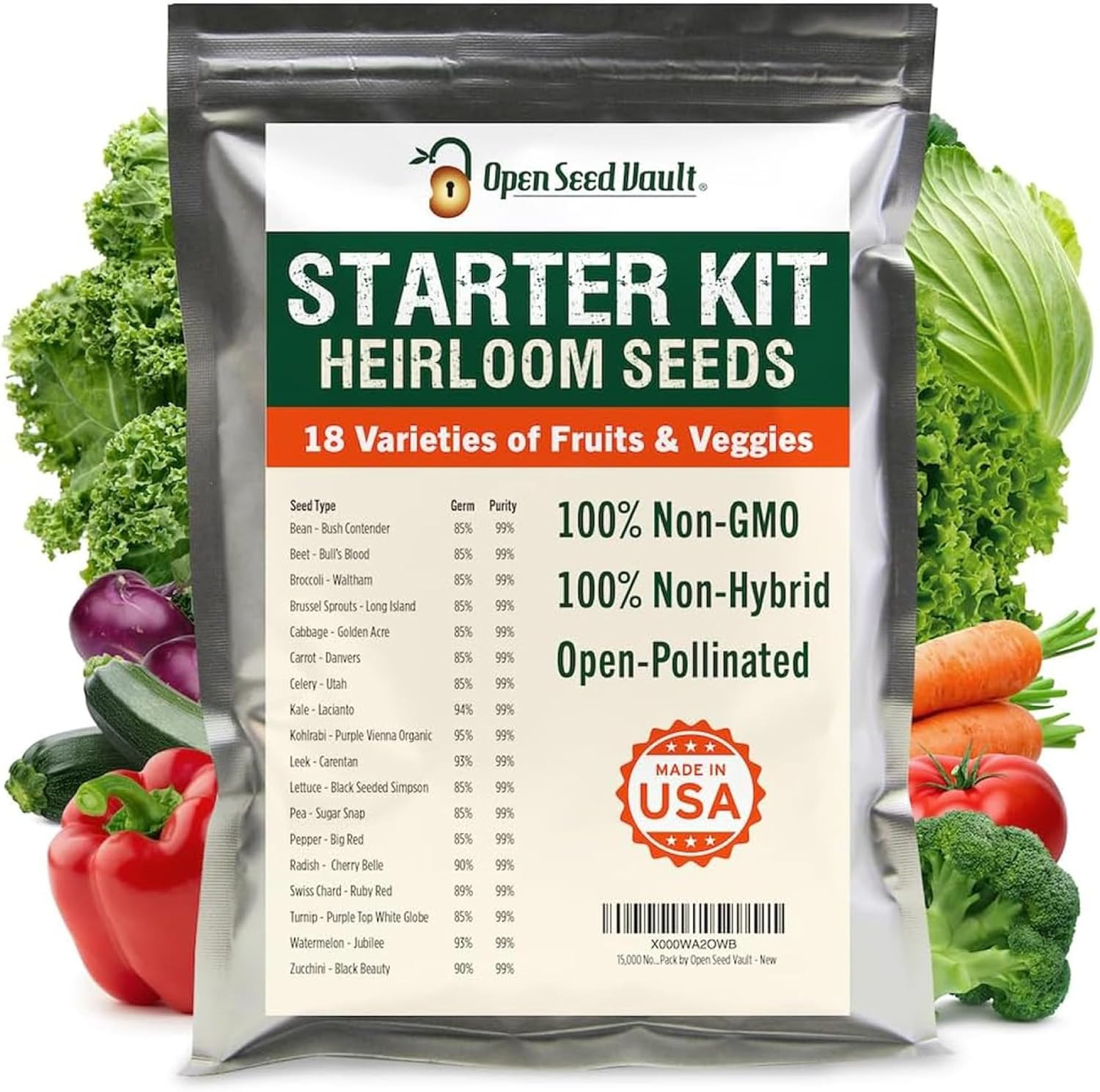15K Survival Heirloom Seeds, 18 Types, Non GMO Veg & Fruit Seeds, 2026 Season
