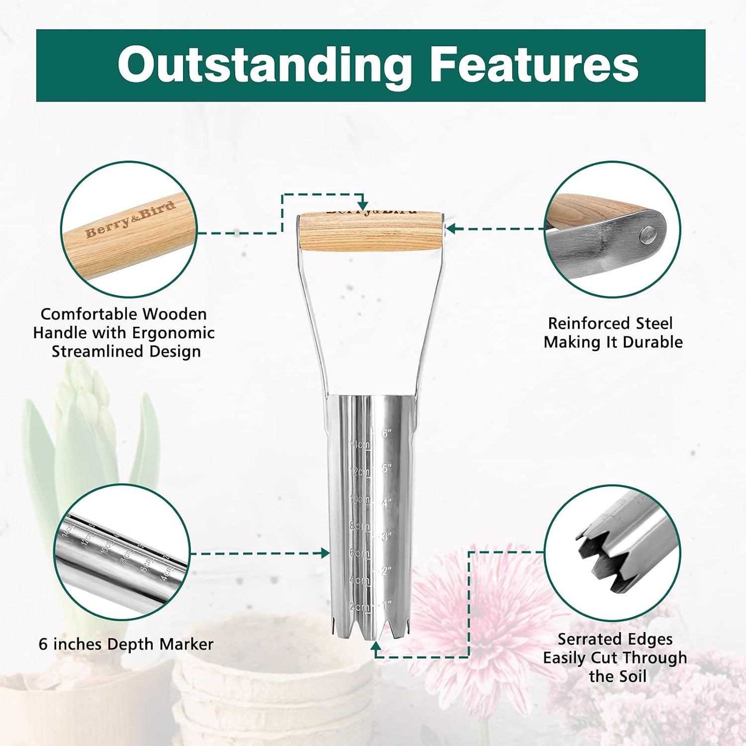 Garden Bulb Planter with 6 Inches Depth Mark, Garden Bulb Transplanter Tool with