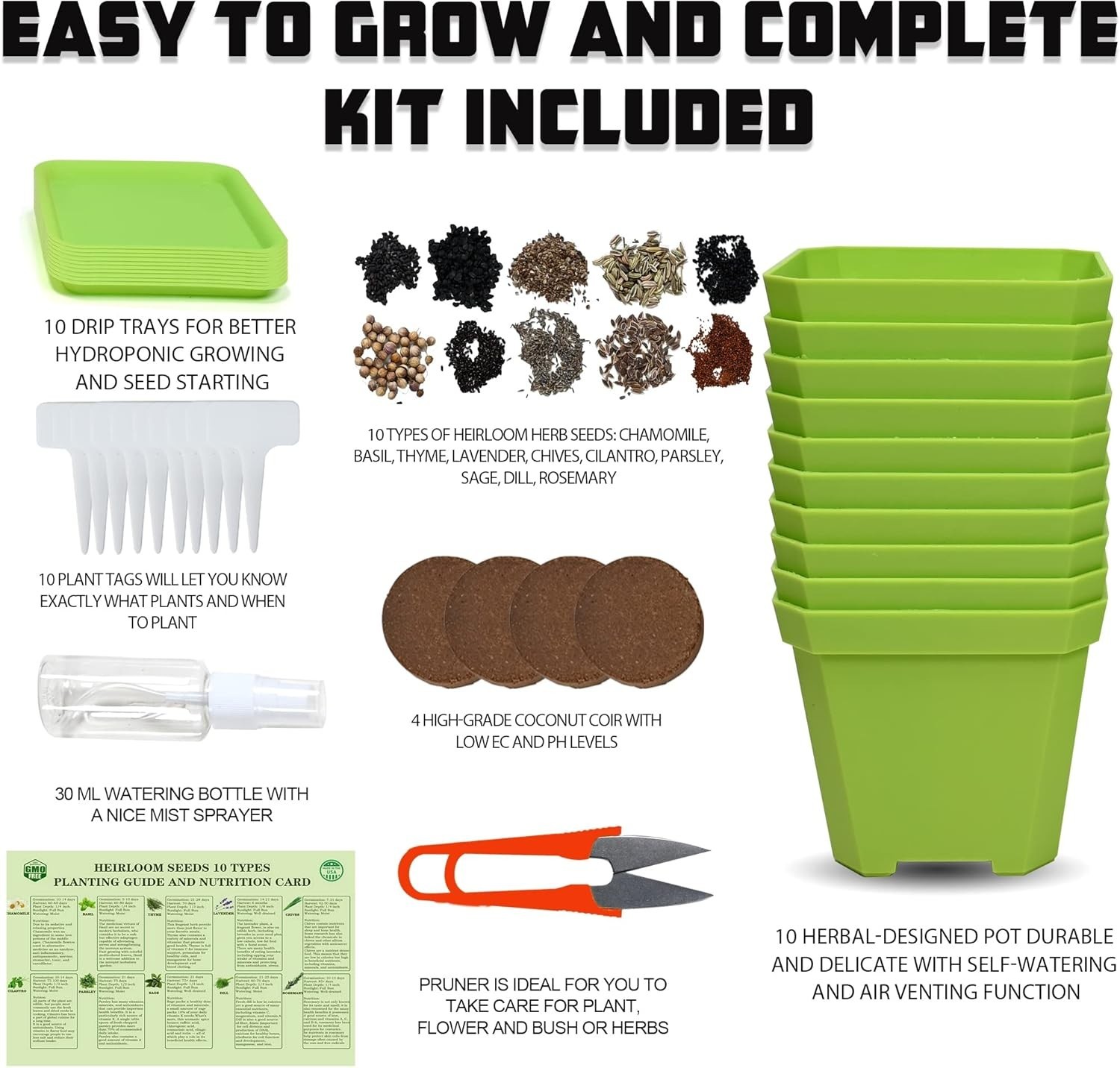 10 Herb Seeds Garden Starter Grow Kit with Green Pots, Markers, Nutritional S…