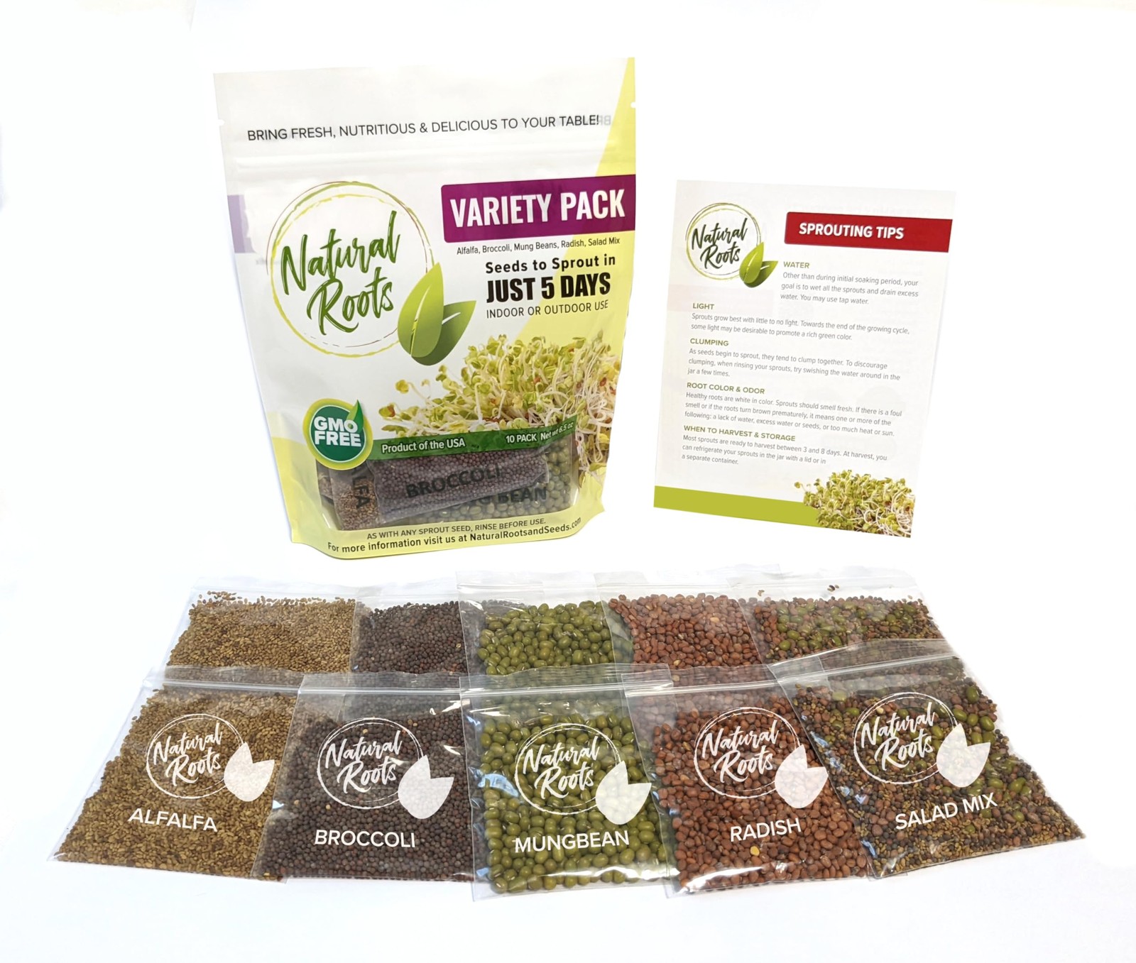 Variety Pack Sprouting Seeds Broccoli, Alfalfa, Radish, Mung beans & Salad Mi…