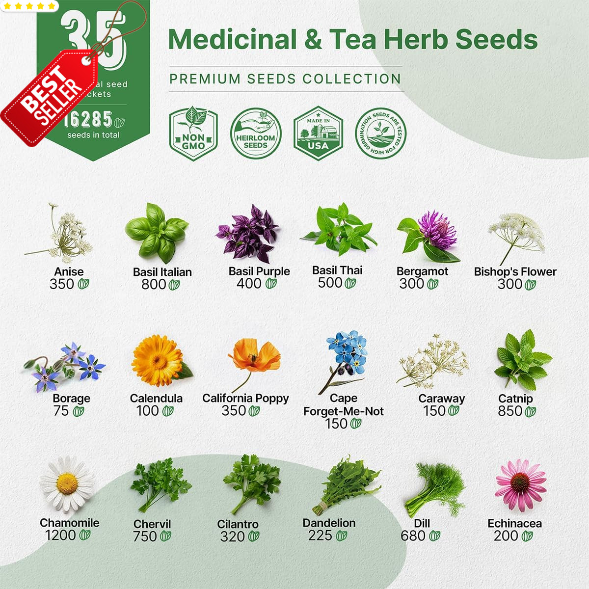 35 Medicinal Tea Herb Seeds Variety Pack Non-GMO Heirloom Indoor Outdoor US
