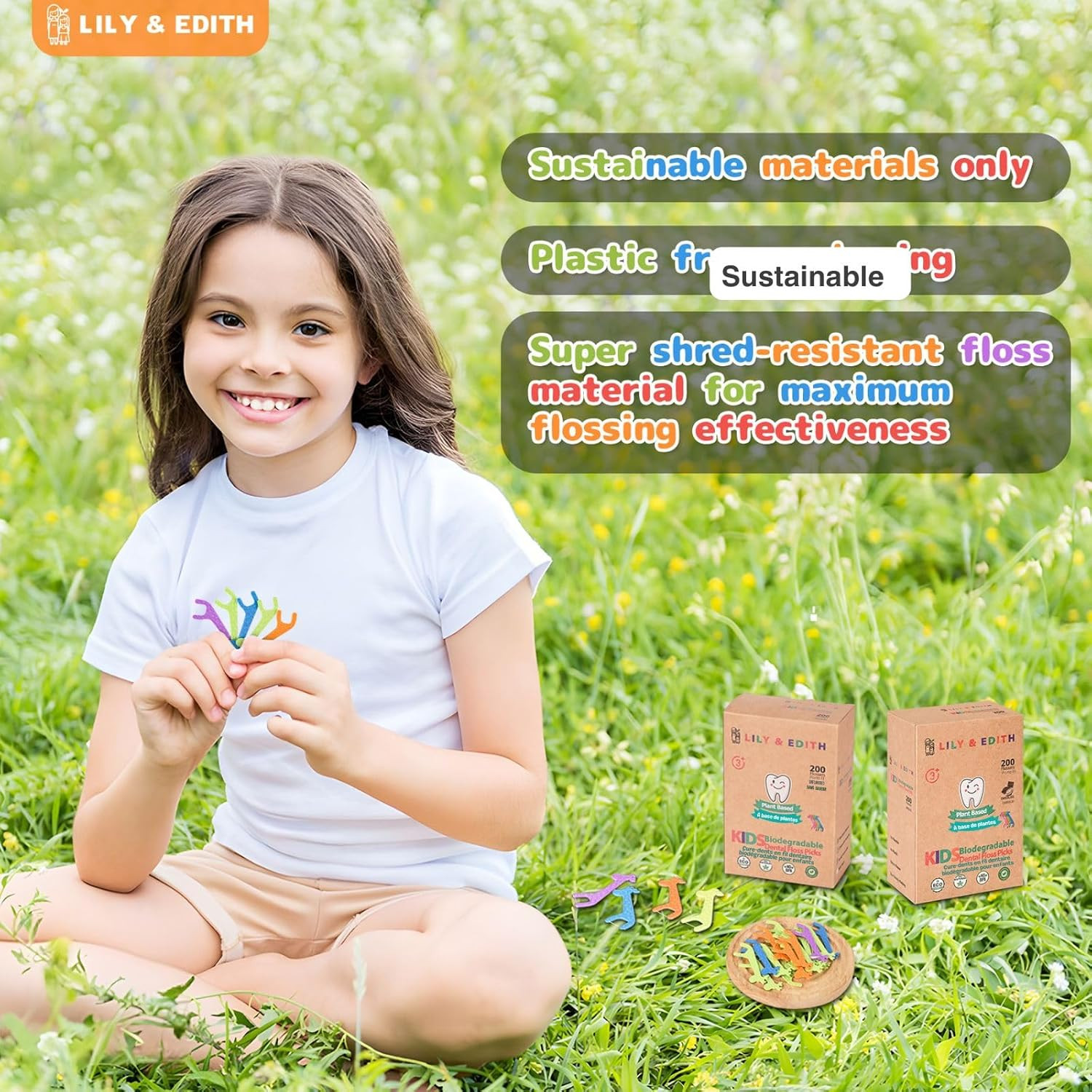 Kids Biodegradable Dental Floss Picks 200 Counts, Fluoride Free, Plant Based Mat