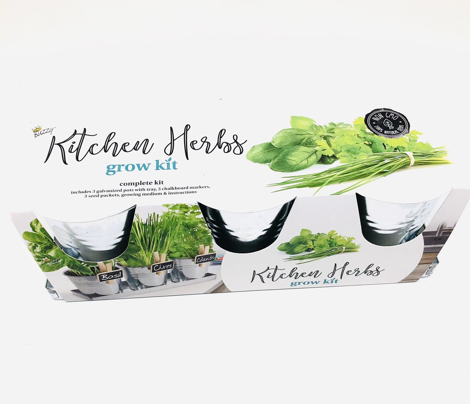 3 Pot Kitchen Herbs Grow Garden Kit, Basil, Chives, Cilantro, Galvanized Pots