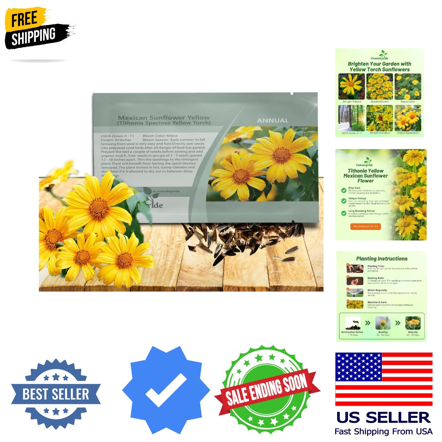 Yellow Torch Mexican Sunflower Seeds – 500 Pcs Annual, Easy-to-Grow, Yellow T…