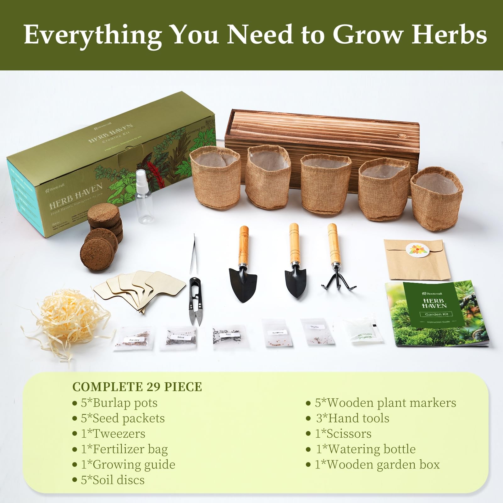 Indoor Herb Garden Planter Kit with Wooden Box – Seed Starter for Basil, Thyme