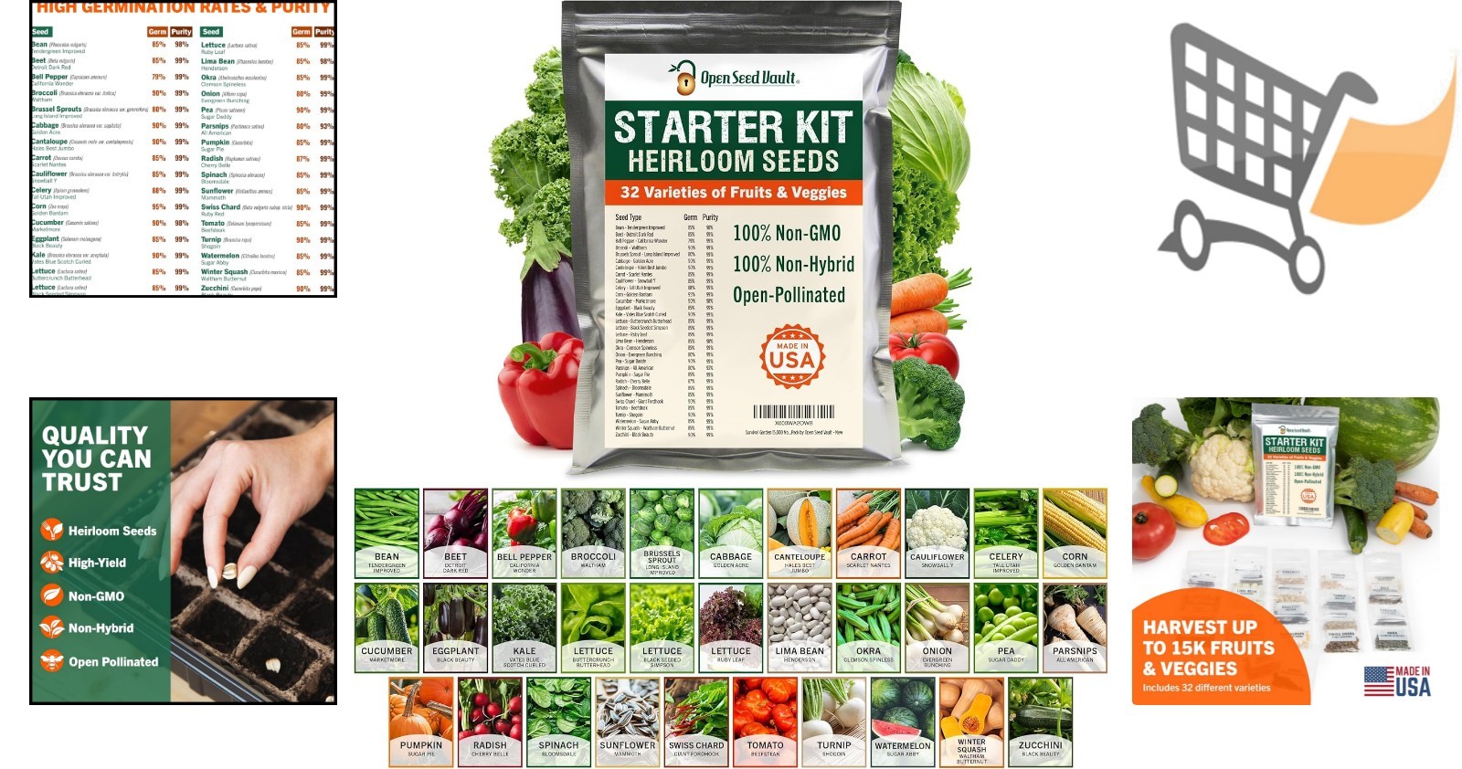 15,000 Heirloom Vegetable Seeds Pack 32 Varieties Non-GMO for Gardening