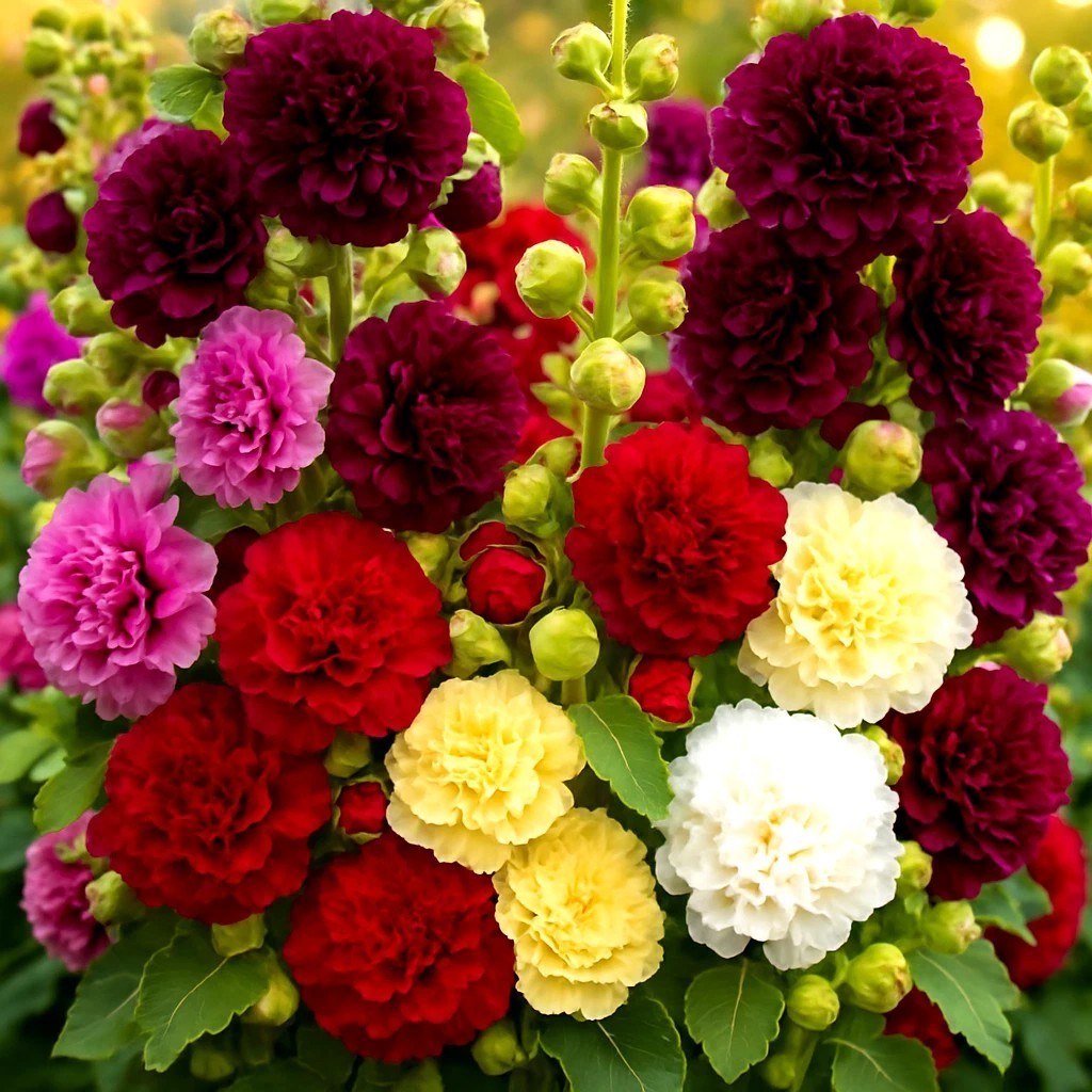 50 Double Hollyhock Seeds Mixed Colors – Tall Biennial Blooms for Cottage Garden