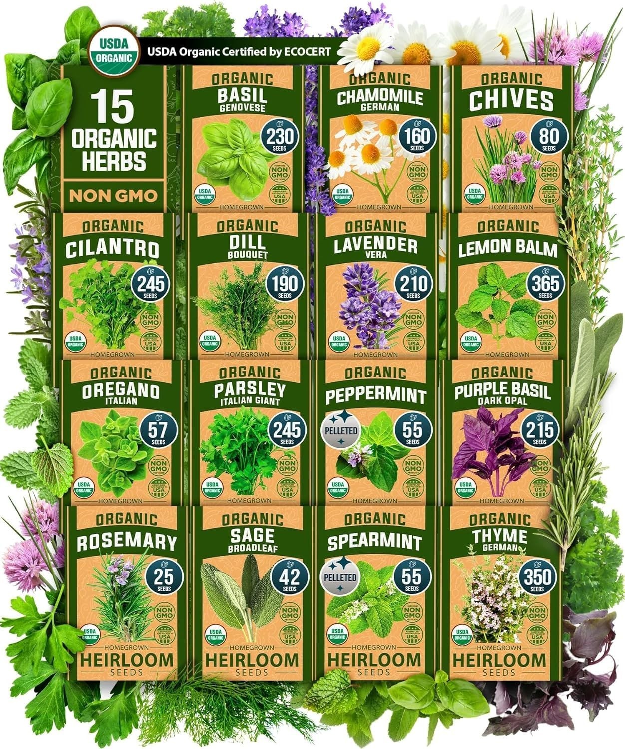 Organic Herb Seeds Variety Pack – Non-GMO Heirloom, 2500+ High-Germinating Seeds