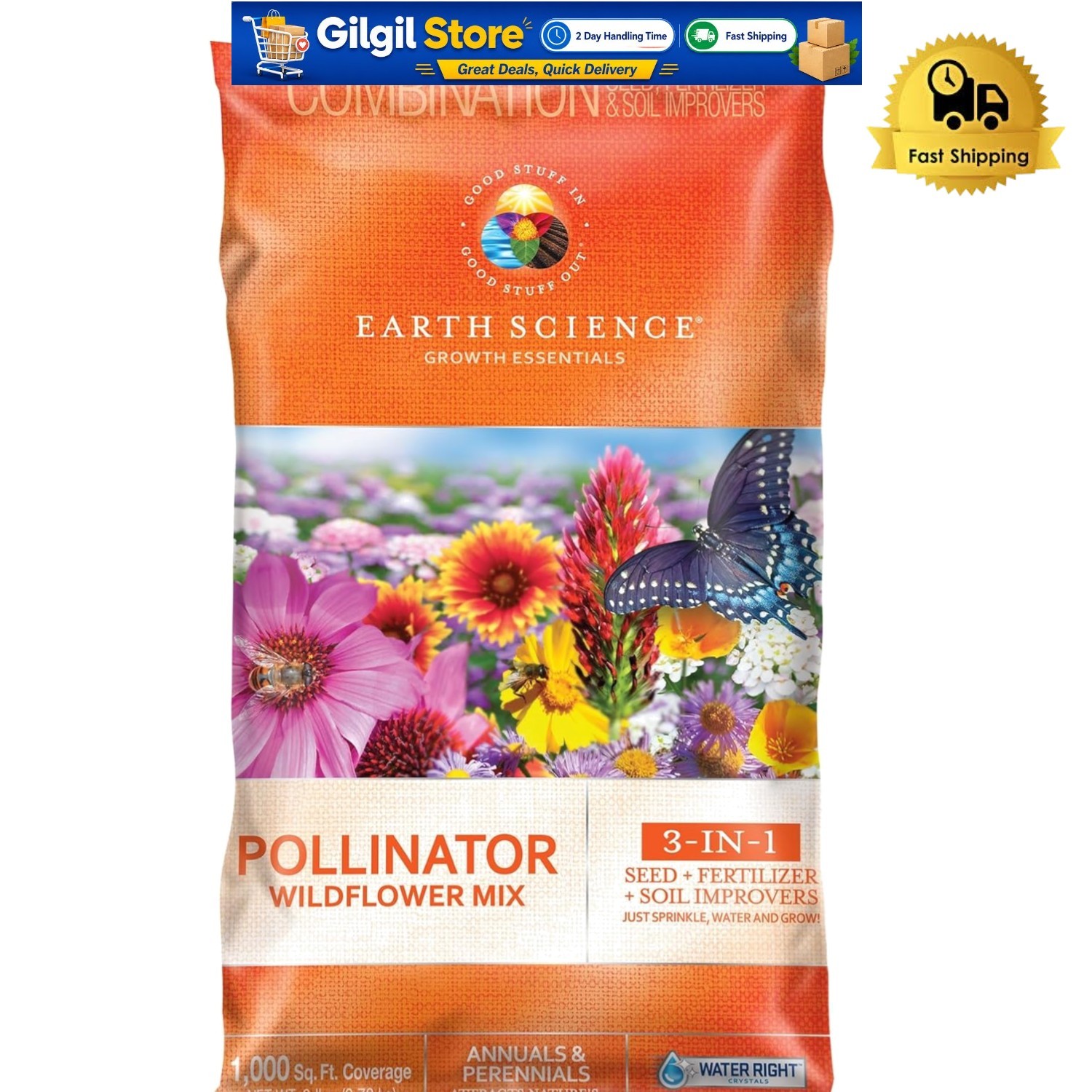 3-in-1 Wildflower Mix – 6lb of Seeds, Food & Soil conditioner for Pollinators