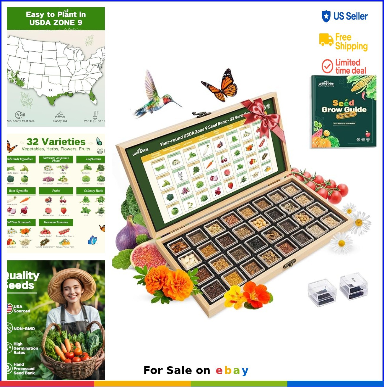 32 Variety Non-GMO Heirloom Seed Bank USDA Zone 9 Vegetable Fruit Herb Kit