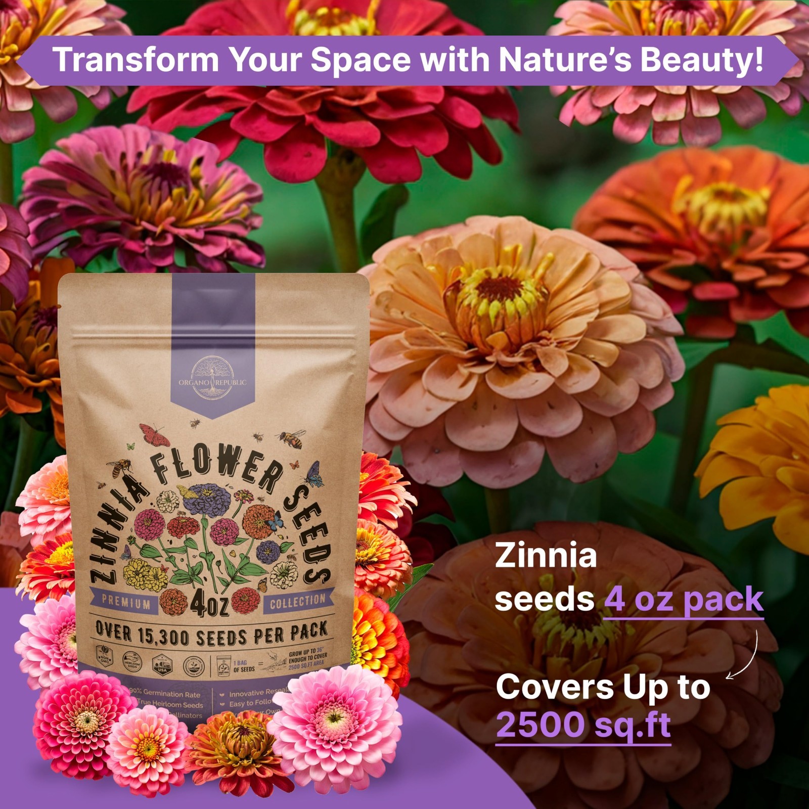 Non-GMO Heirloom Zinnia Seeds – 4 oz Pack, 15,300 Seeds for Home Garden & Outdoo
