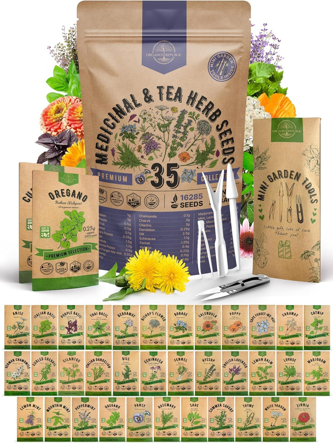 35 Medicinal & Tea Herb Seed Pack, 16,335+ Non-GMO Heirloom Seeds for Indoor/Out
