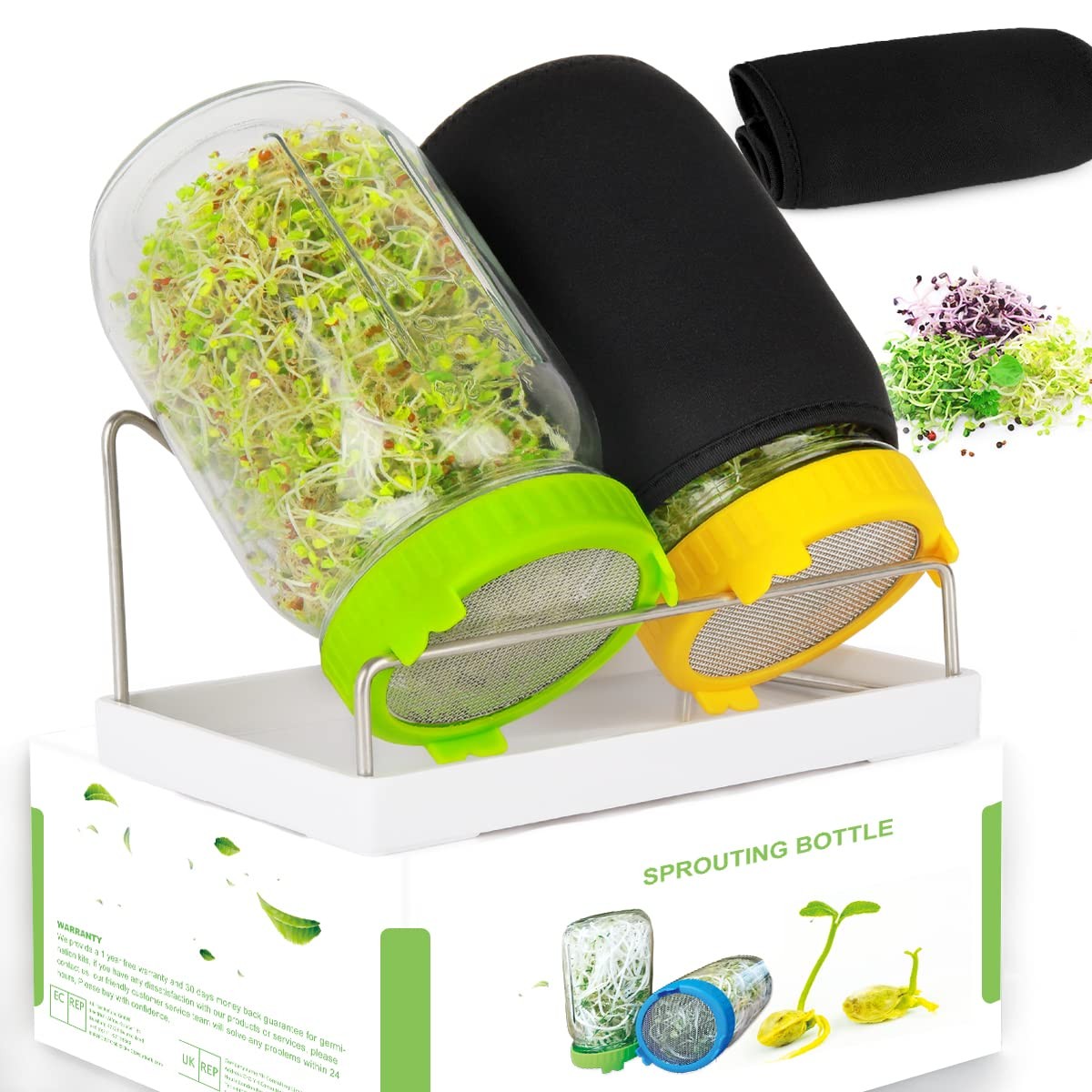Kitmiido Seed Sprouting Kit, 2 Large Wide Mouth Mason Jars with Sprout Lids, Bla
