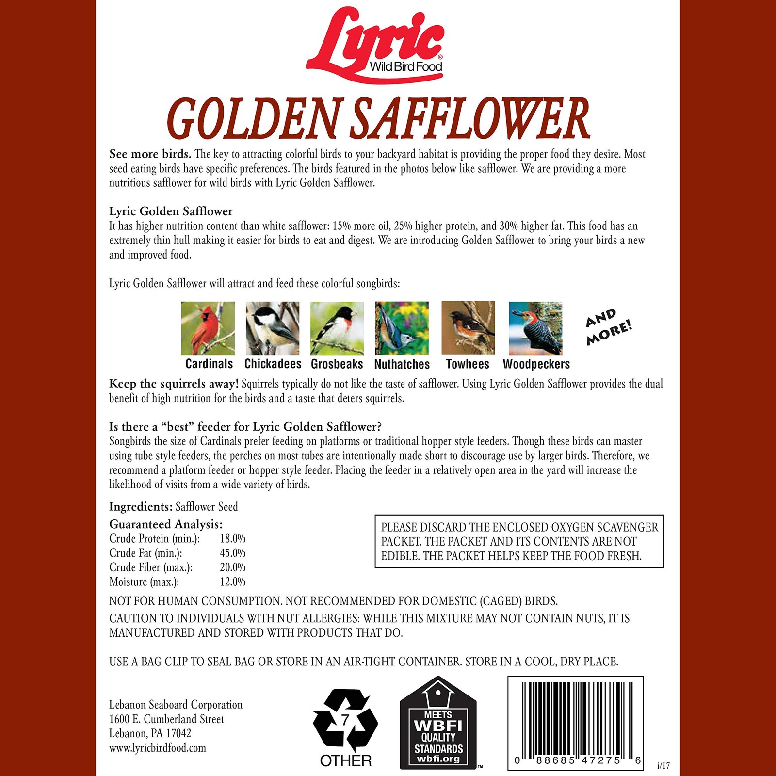 Lyric Golden Safflower Seeds 5 Pound Pack High Nutrition Squirrel Resistant