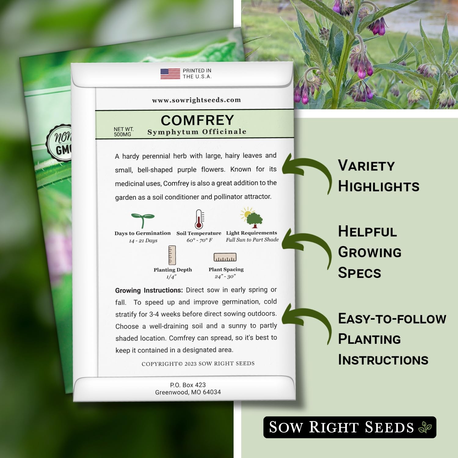 Sow Right Seeds – Comfrey Seeds for Planting – Non-GMO Heirloom – High-Yield Com