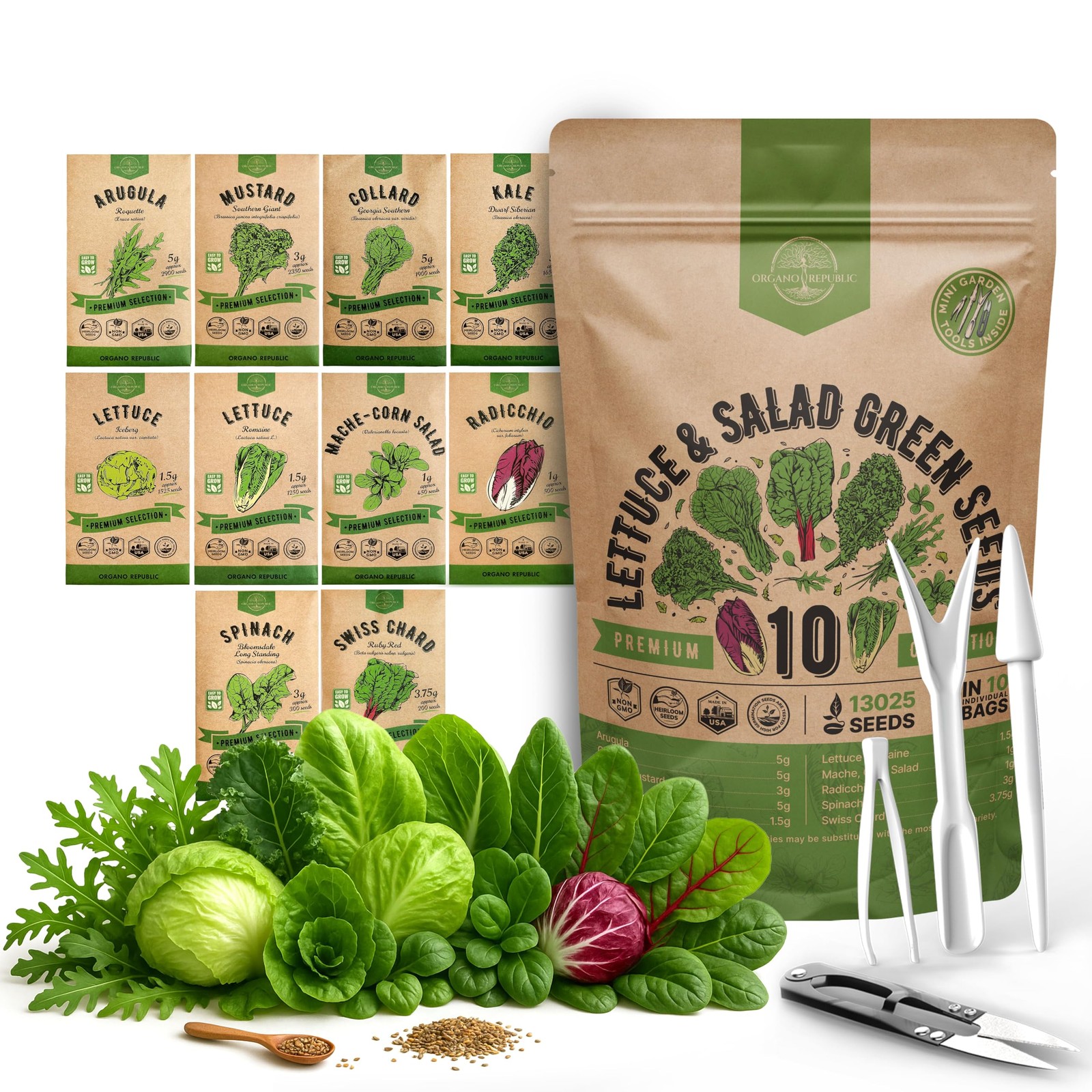 Organo Republic 10 Lettuce & Salad Greens Seeds Variety Pack 13000+ NonGMO He…