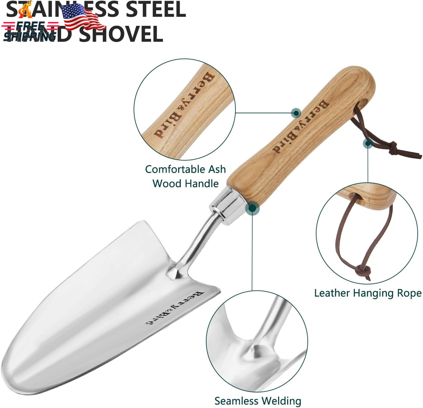 Berry&Bird Stainless Steel Trowel, Garden Small Flower Hand Shovel, Potting Soil