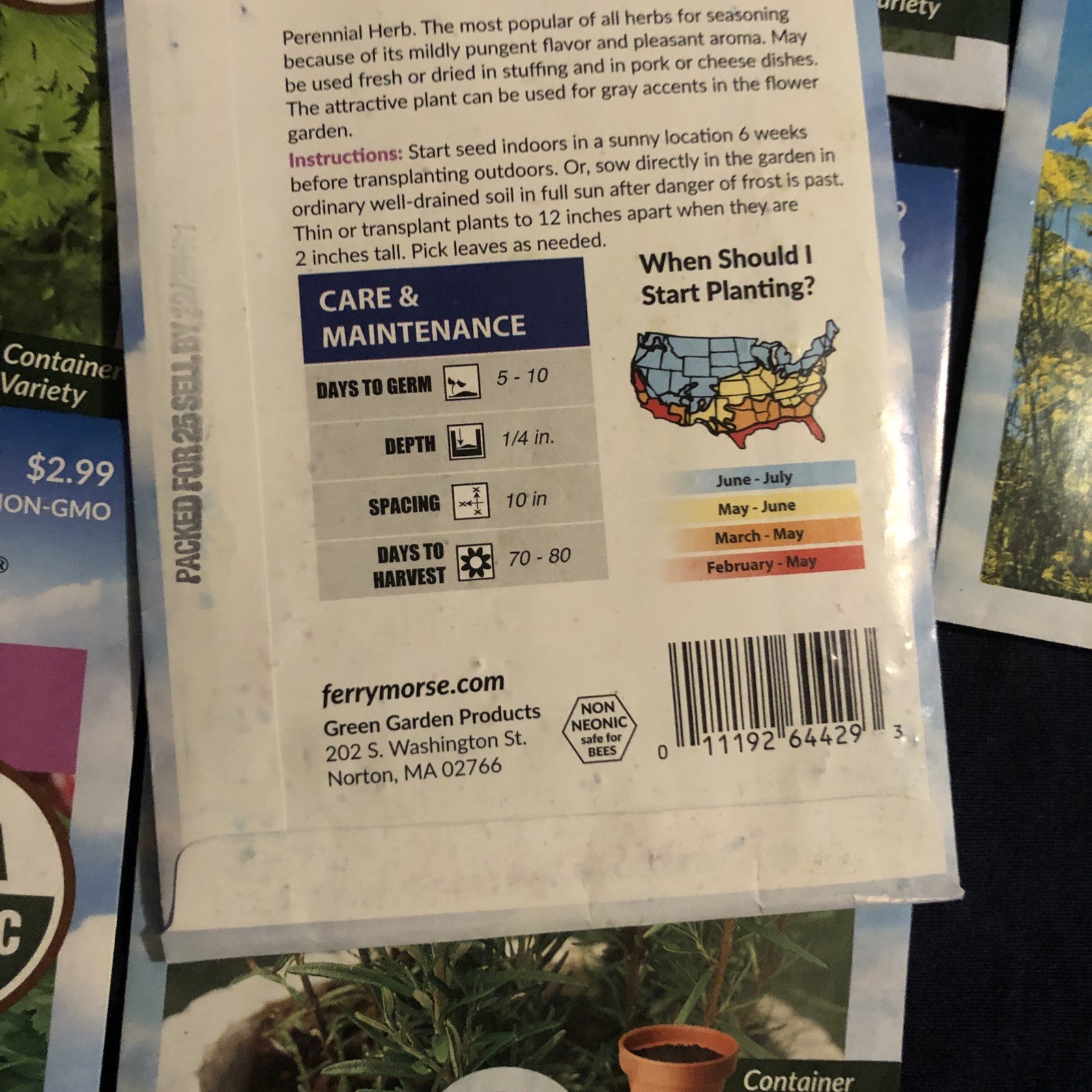 Cilantro, 2 Dill, Parsley, Rosemary, Sage ￼seeds FERRY-MORSE garden starters