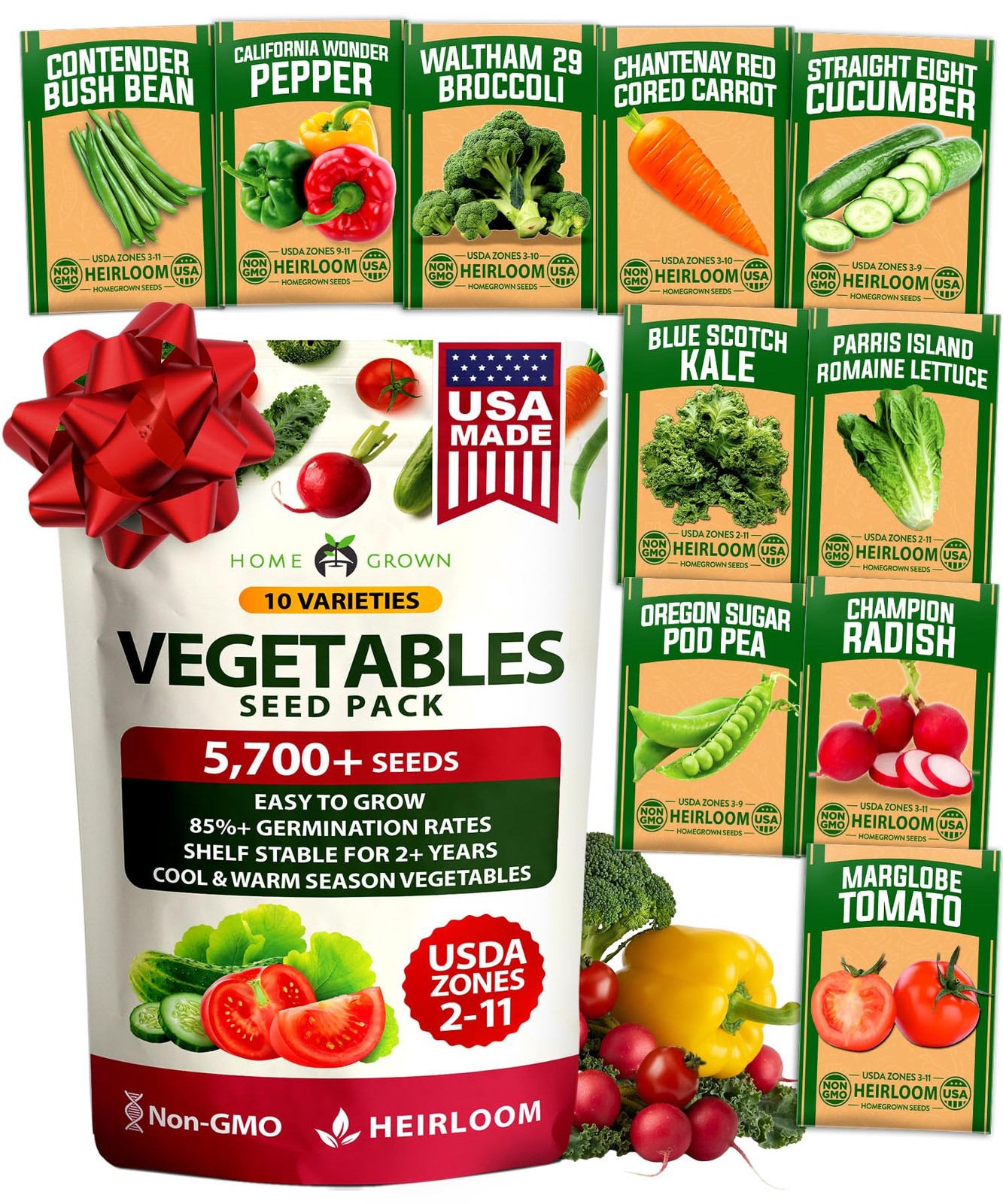 HOME GROWN 10 Variety Survival Seed Vault 2000+ USA Grown Heirloom NonGMO Veg…
