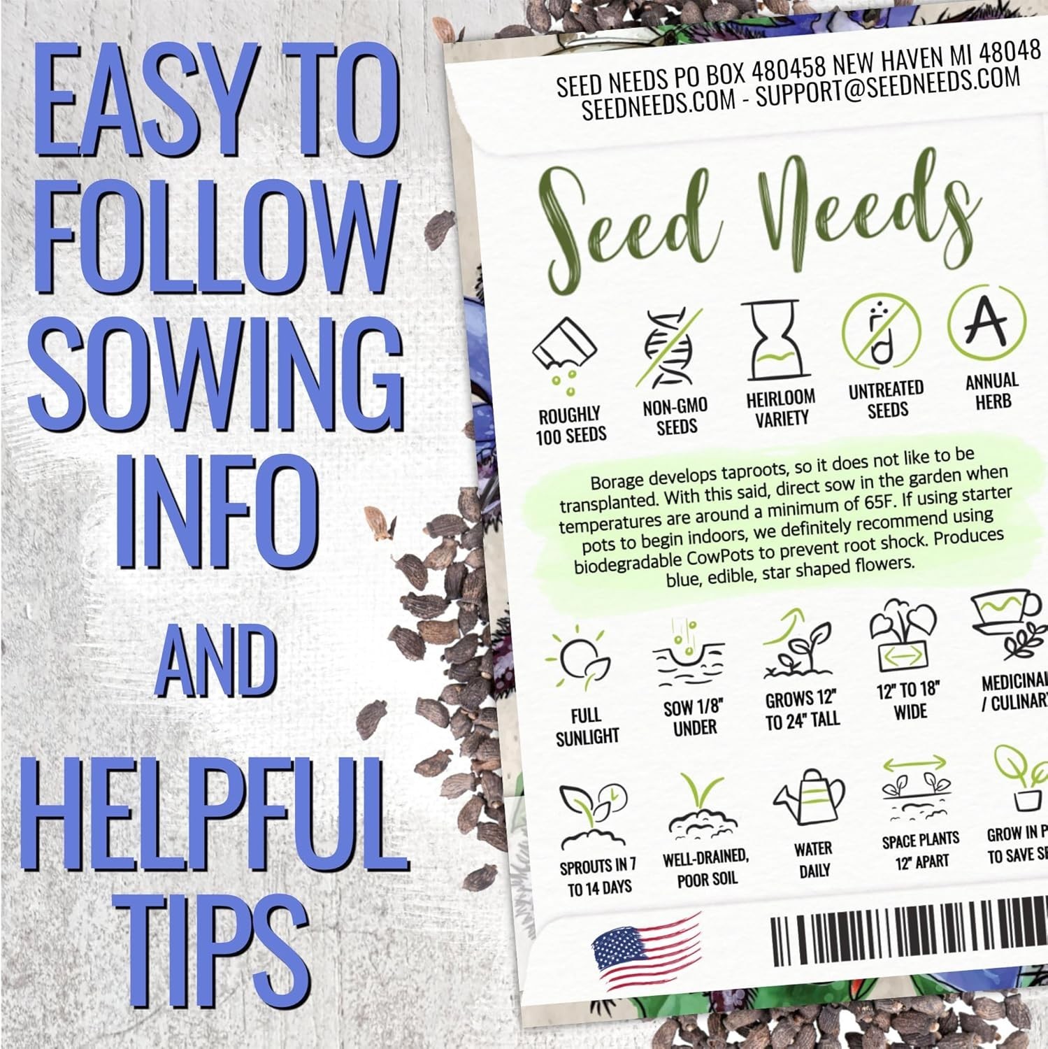 Borage Seeds for Planting Blue Star Flowers – Heirloom Non-GMO & Untreated – …