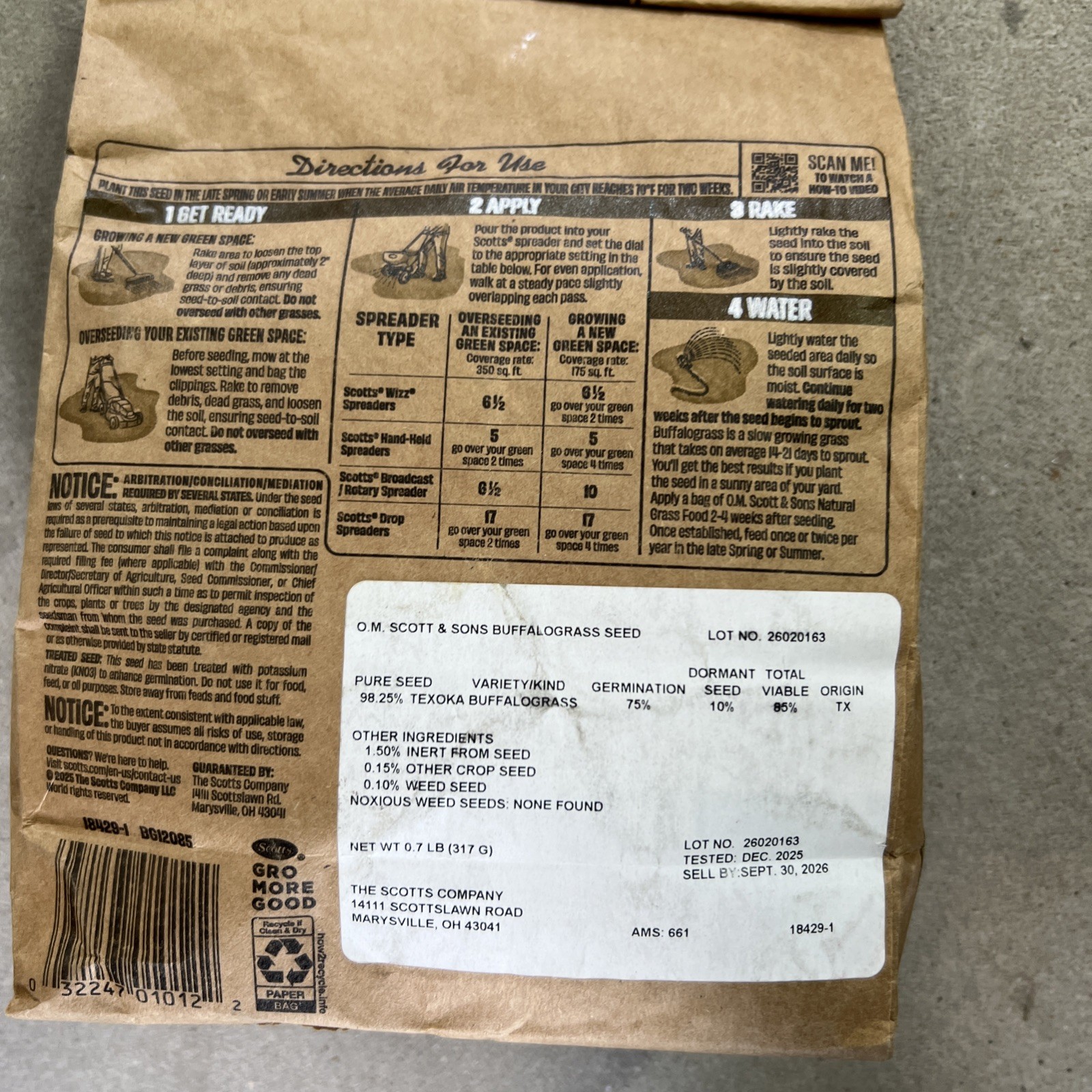 O.M. SCOTT & SONS BUFFALO GRASS SEED 0.7 lb. Bag 350 sq ft. Drought Tolerant