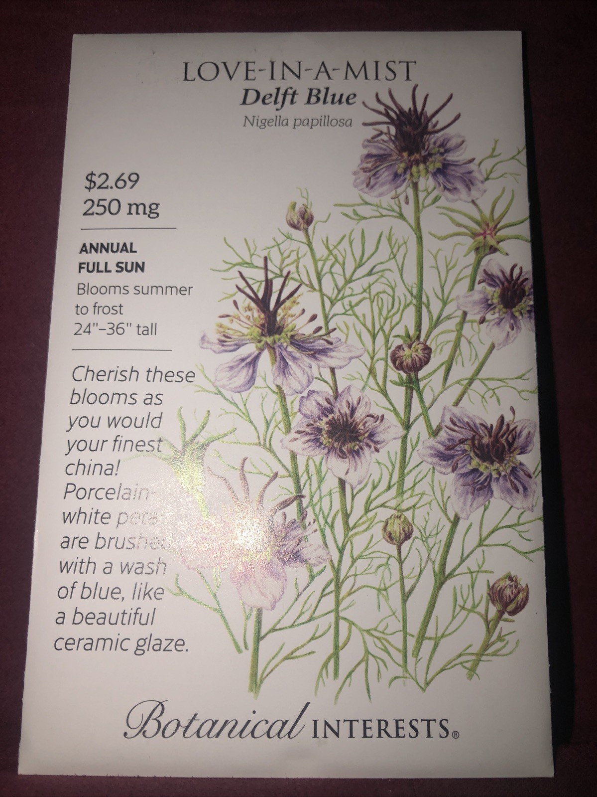 Love-in-a-Mist Delft Blue Flower Heirloom Seeds Botanical Interests Exp. 12/2024