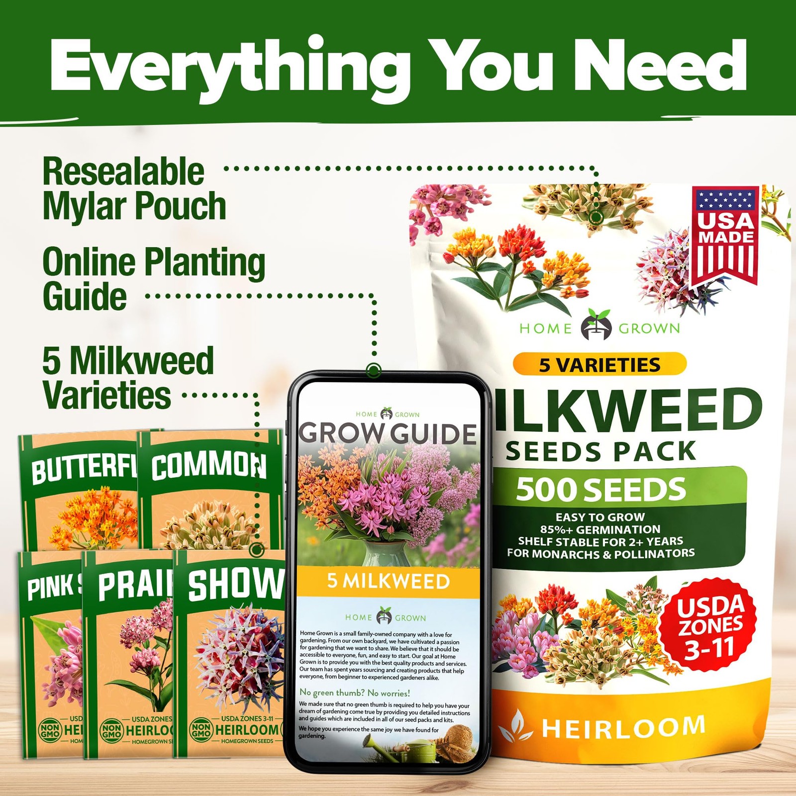 Milkweed Flower Seeds – 500+ Heirloom Perennials for Monarch Habitat, Zones 3-10