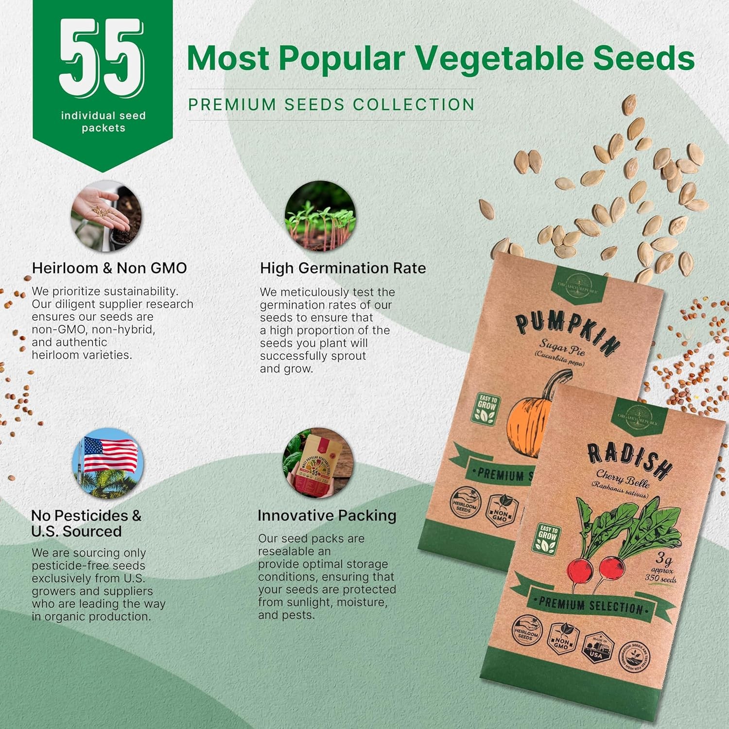 55 Vegetable Seeds Variety Pack – 35,600+ Non-GMO Green, Red, Purple, Yellow