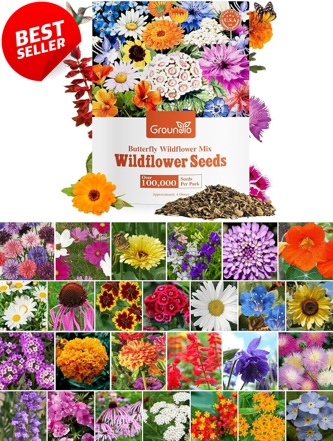 Wildflower Seeds 1/4 lb 100K Mix 26 Var Pollinator Garden Zones 3-10 – US