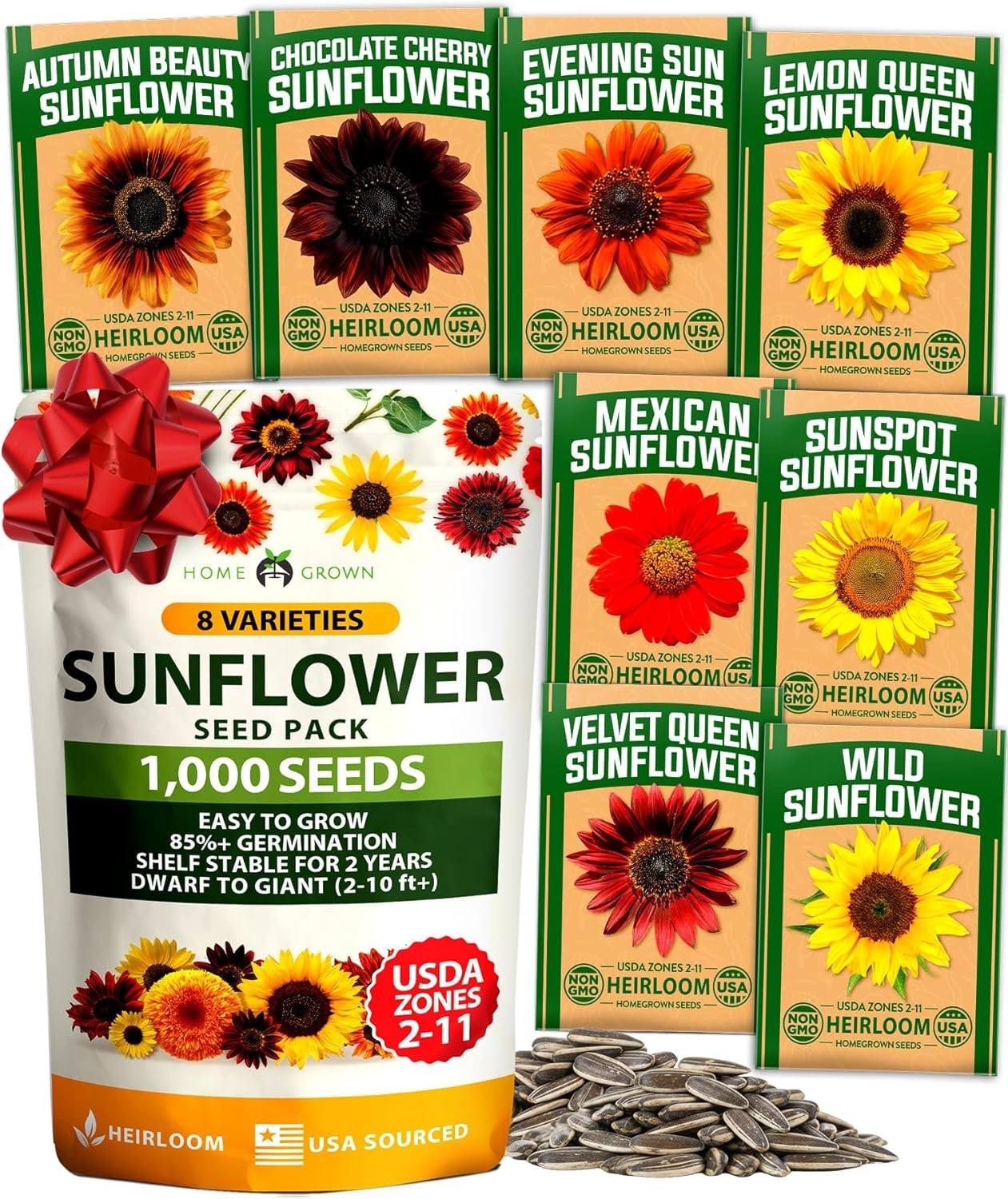 HOME GROWN Sunflower Seeds for Planting 8 Varieties 1000+ Non-GMO Sun Flower