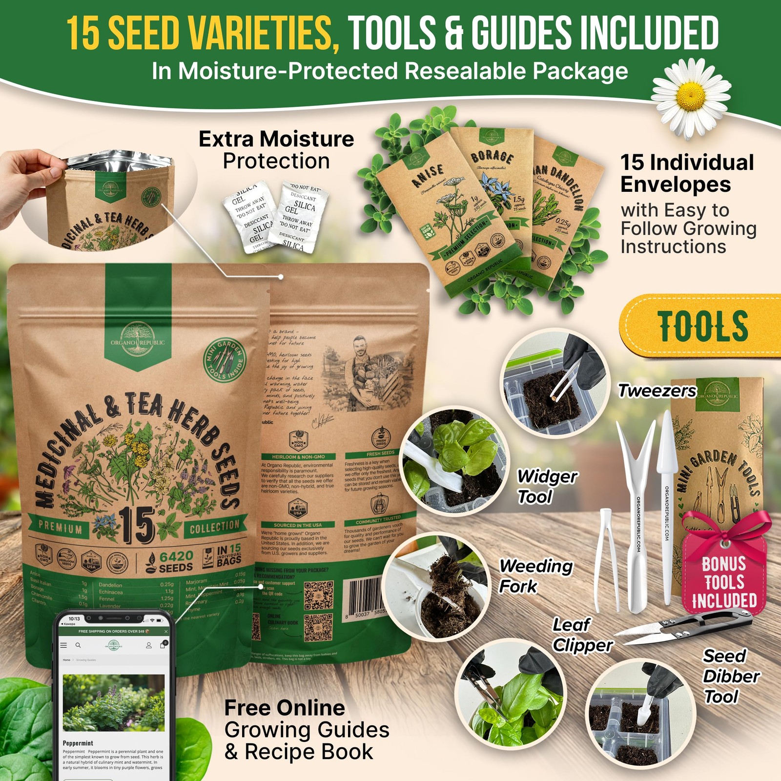 15 Medicinal & Tea Herb Seeds Variety Pack 6,420+ NonGMO Heirloom Garden Seed…