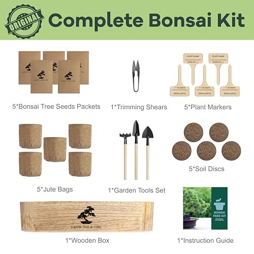 Bonsai Tree Kit for Beginners – Complete Indoor Gardening Set with 5 Seed Types