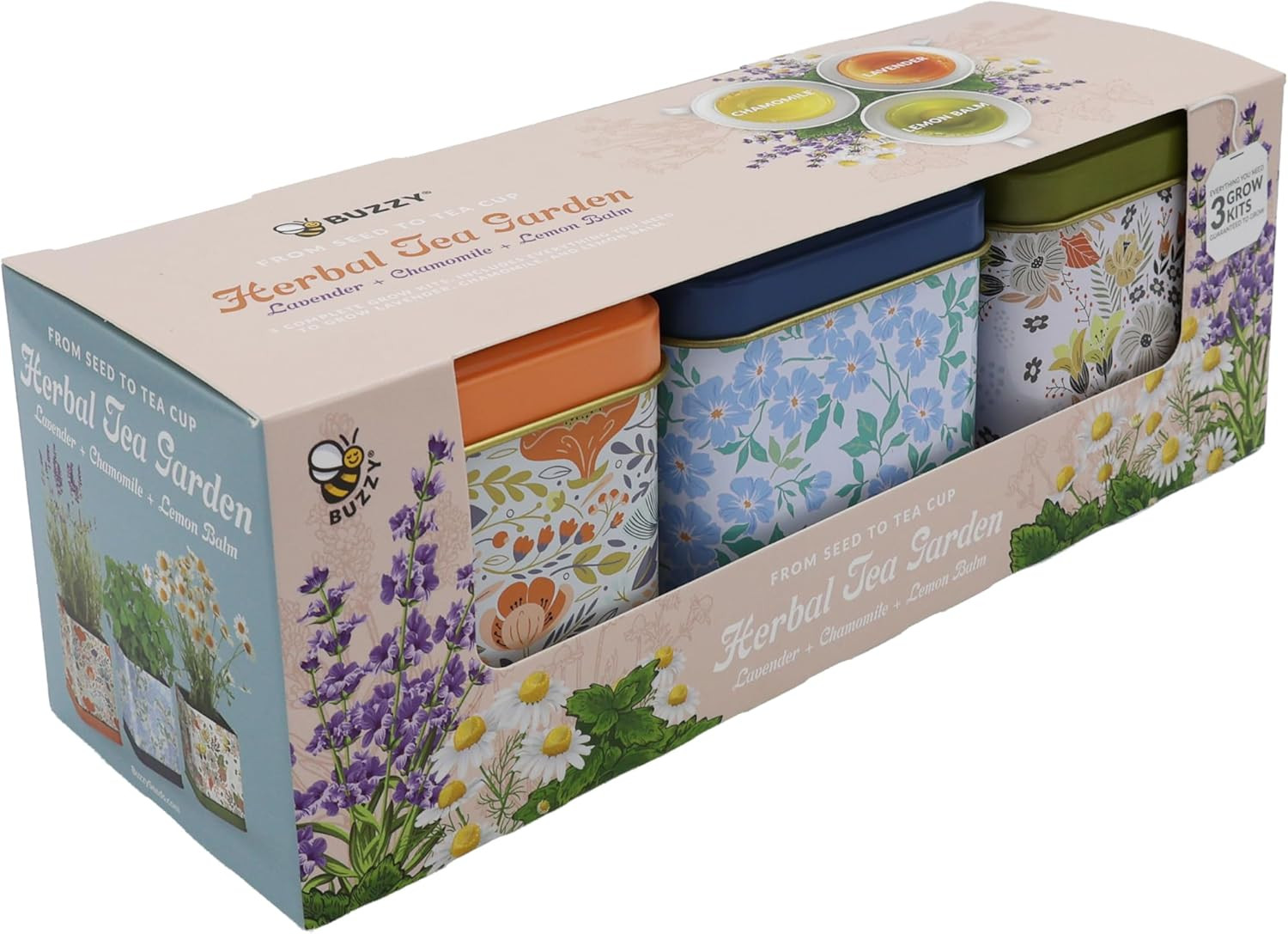 Seeds Herbal Tea Garden Grow Kit – 3 Square Tin Planters with Lavender, Chamomil