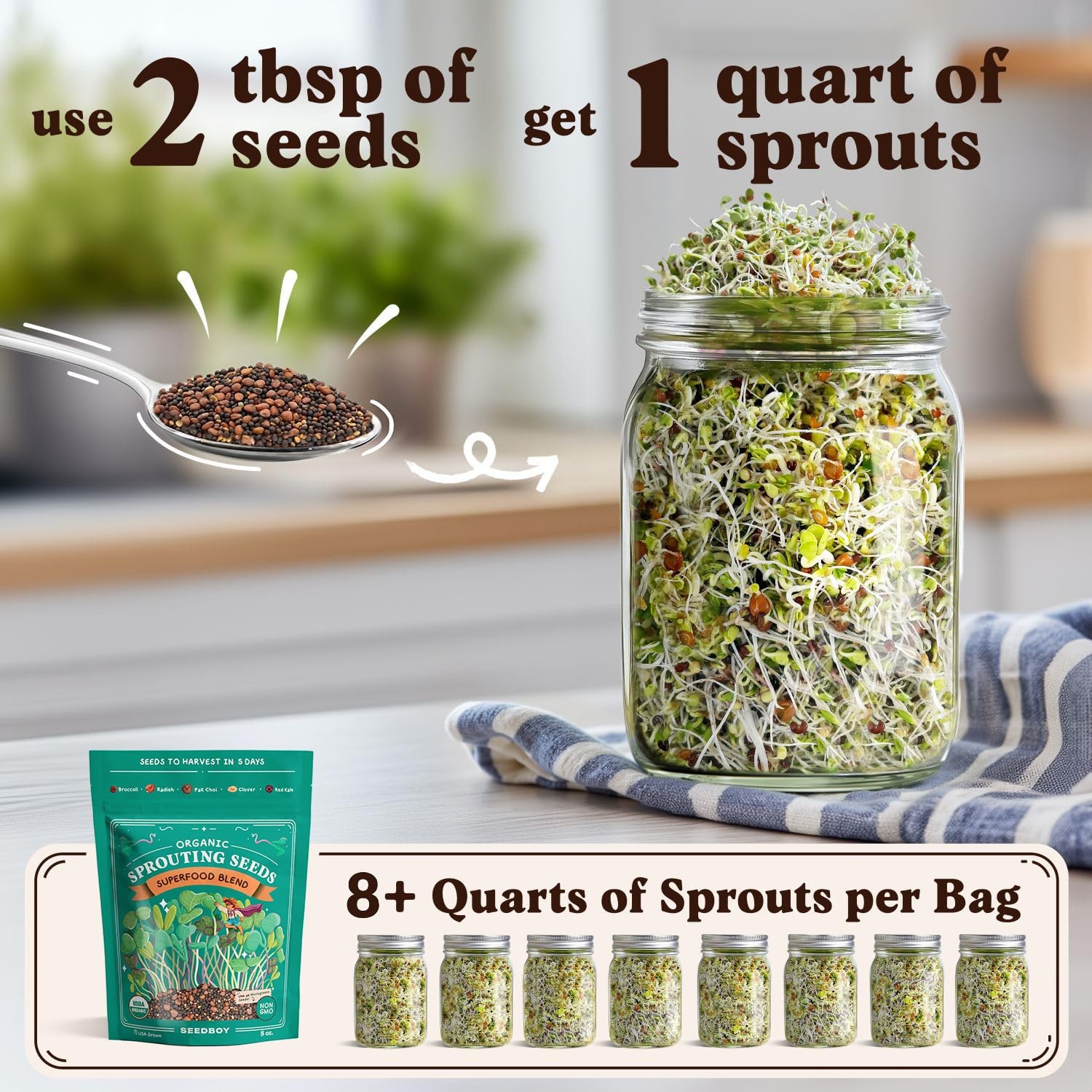 Seedboy Organic Non-GMO Sprouting Seeds, Superfood Blend – USA 8 oz, Green