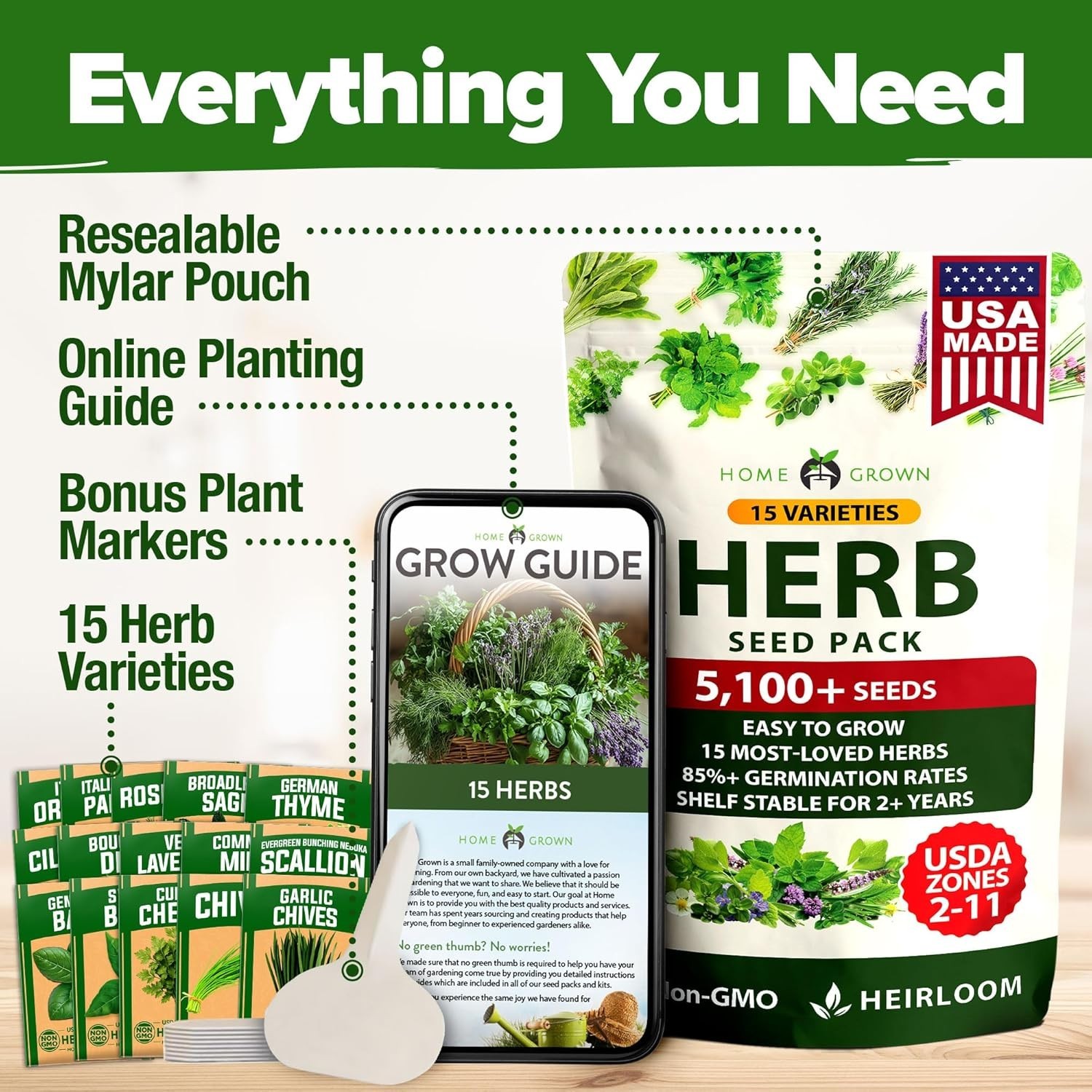 Culinary Herb Seed Kit – 15-Pack with 5,100 Seeds for Indoor & Hydroponic Growth