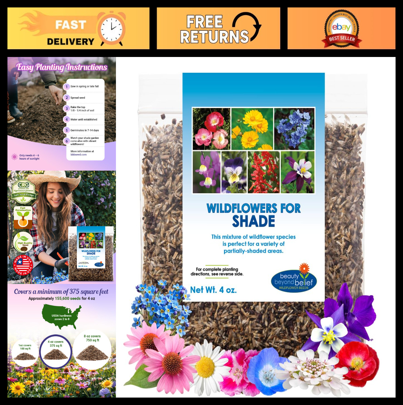 Wildflower Seed Mix 4oz – Open-Pollinated, No Fillers, Annual & Perennial Seeds