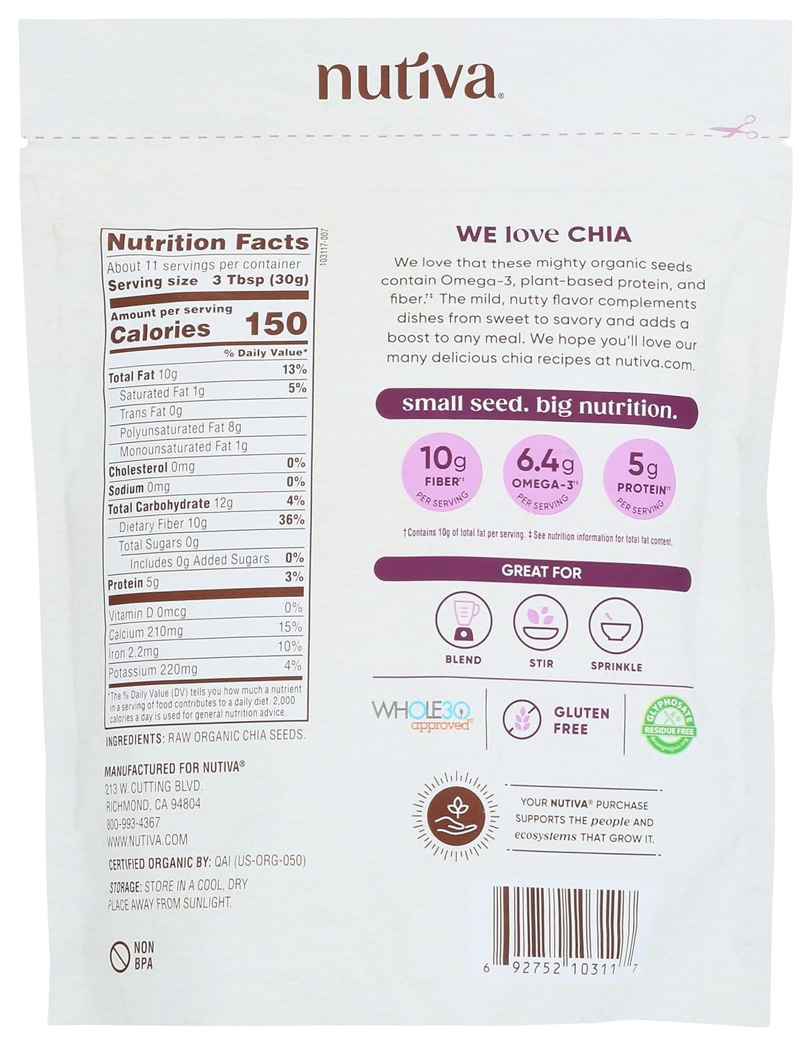 Nutiva Raw Organic Black Chia Seeds, 12 Ounce – Superfood For Smoothies & More