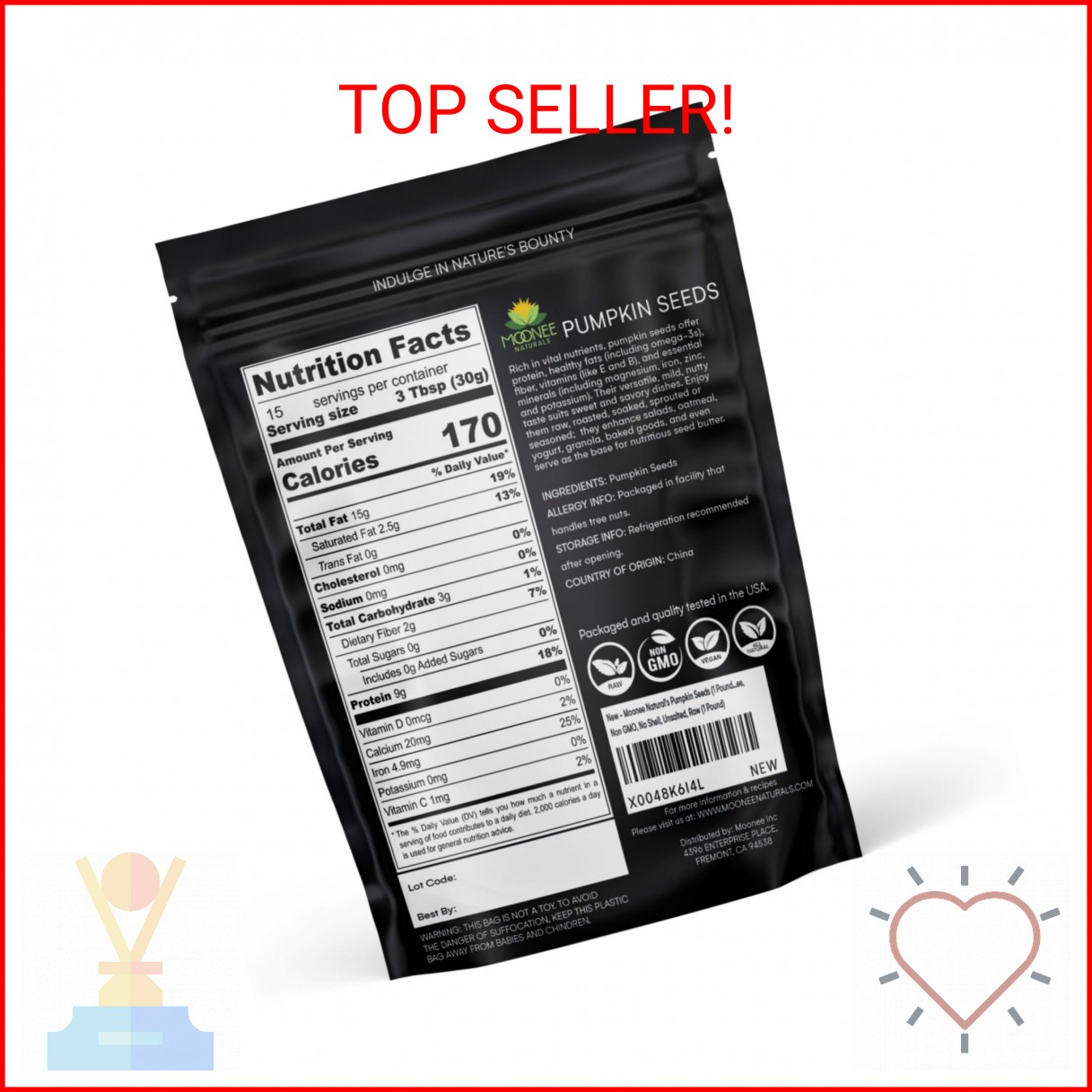 Moonee Natural’s Pumpkin Seeds (1 Pound), Gluten Free, Non GMO, No Shell, Unsalt