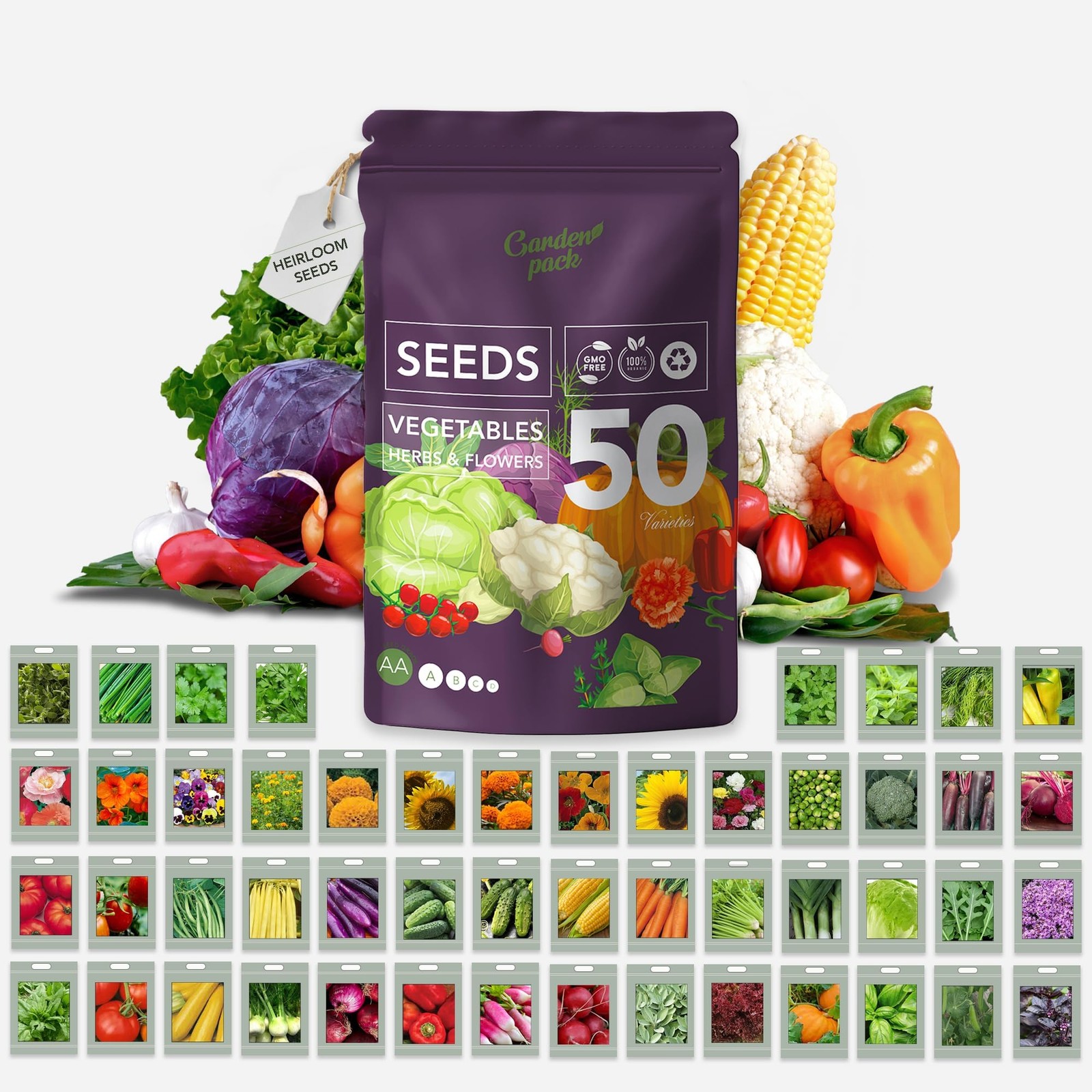 Seeds Pouch 50 Varieties Vegetable Herb Flower Seeds 25000 Non-GMO Heirloom