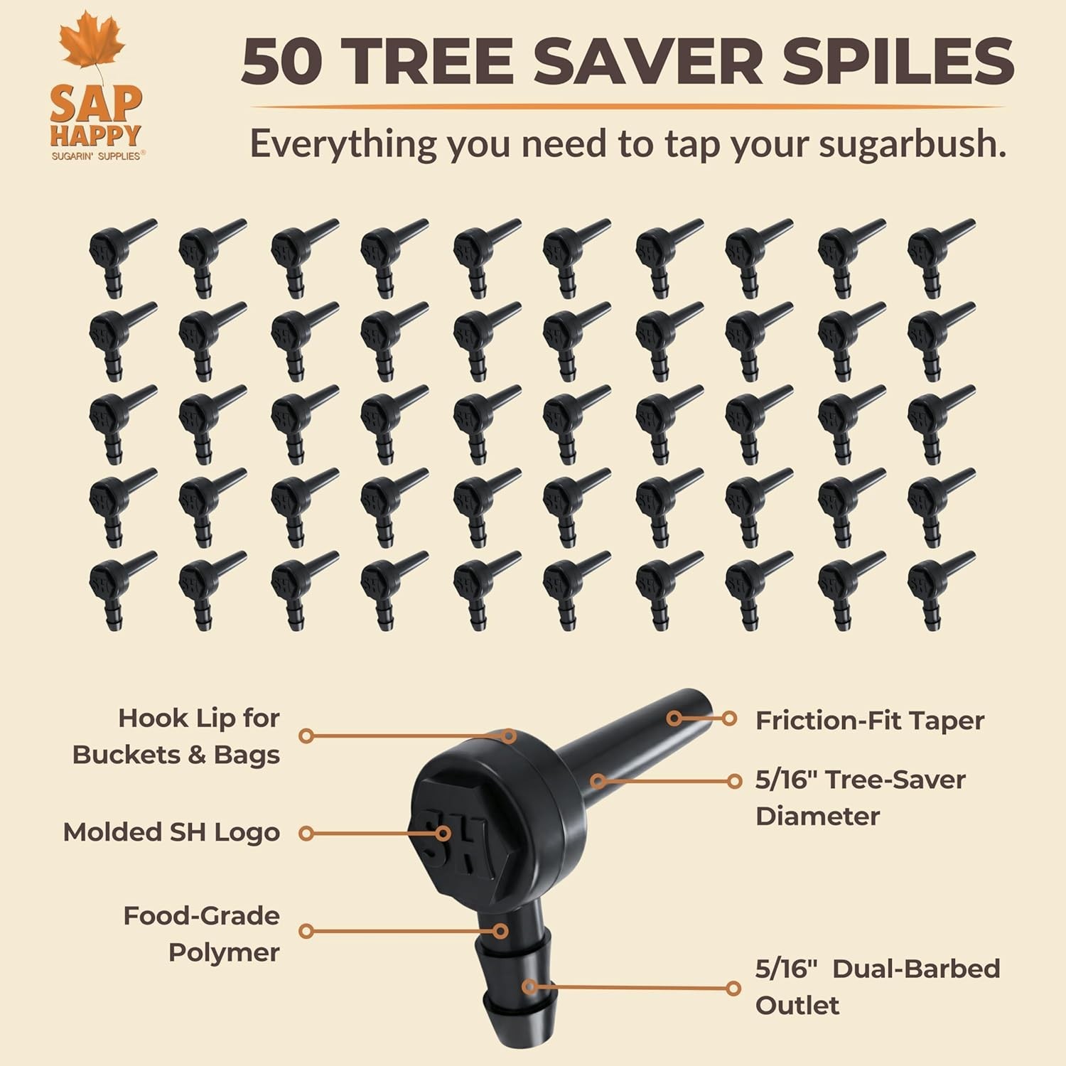 SAP HAPPY Maple Sap Spiles 50 Count, 5/16″ Ecolo Taps for Maple Trees, Maple …