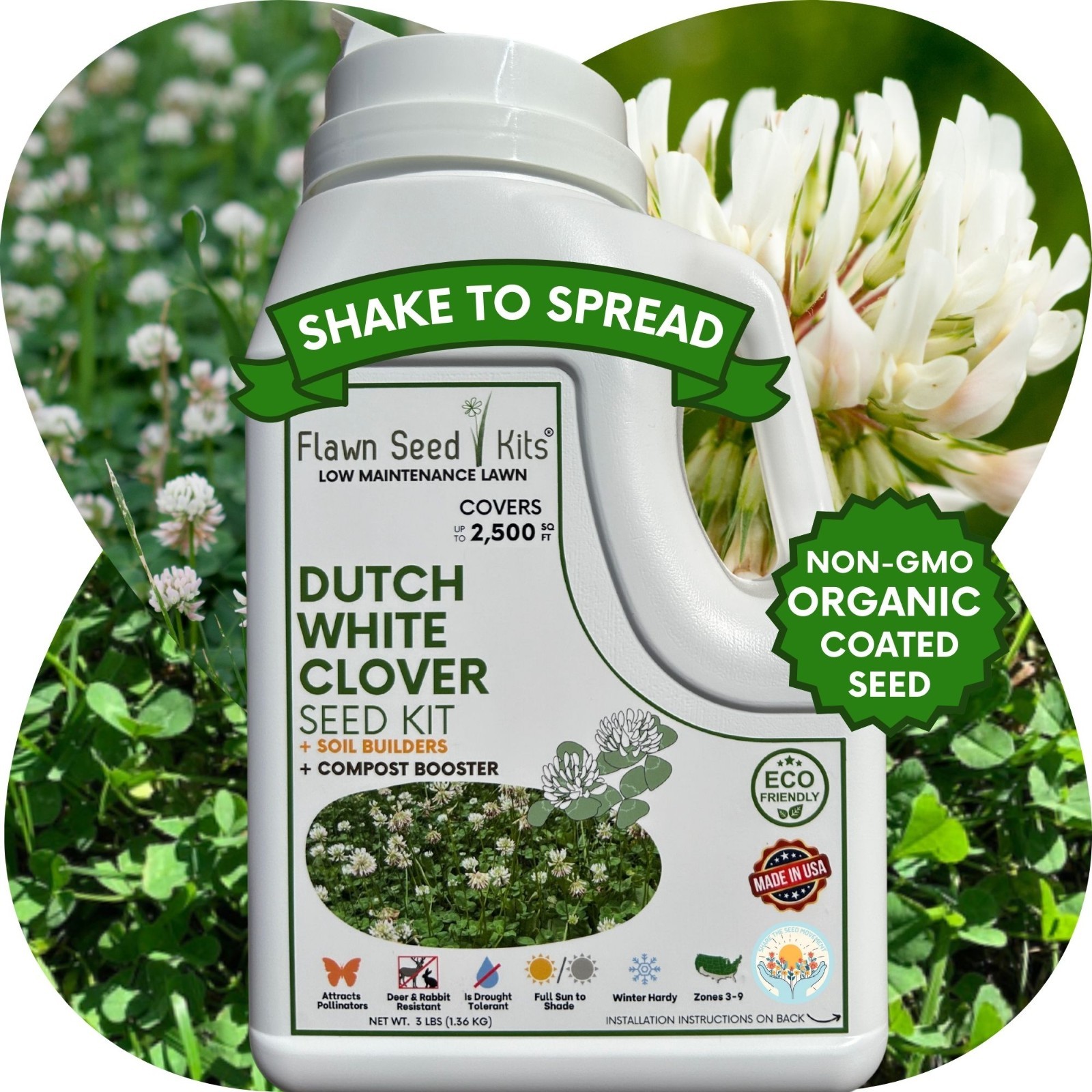 Dutch White Clover Seed, Easy Spread Shaker, Organic Coated, Low Maintenance