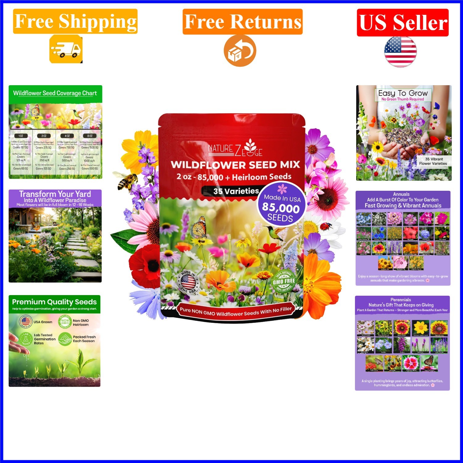 Wildflower Seeds Mix, 2 Oz, 85,000 Seeds, Multi-Color, Drought Tolerant