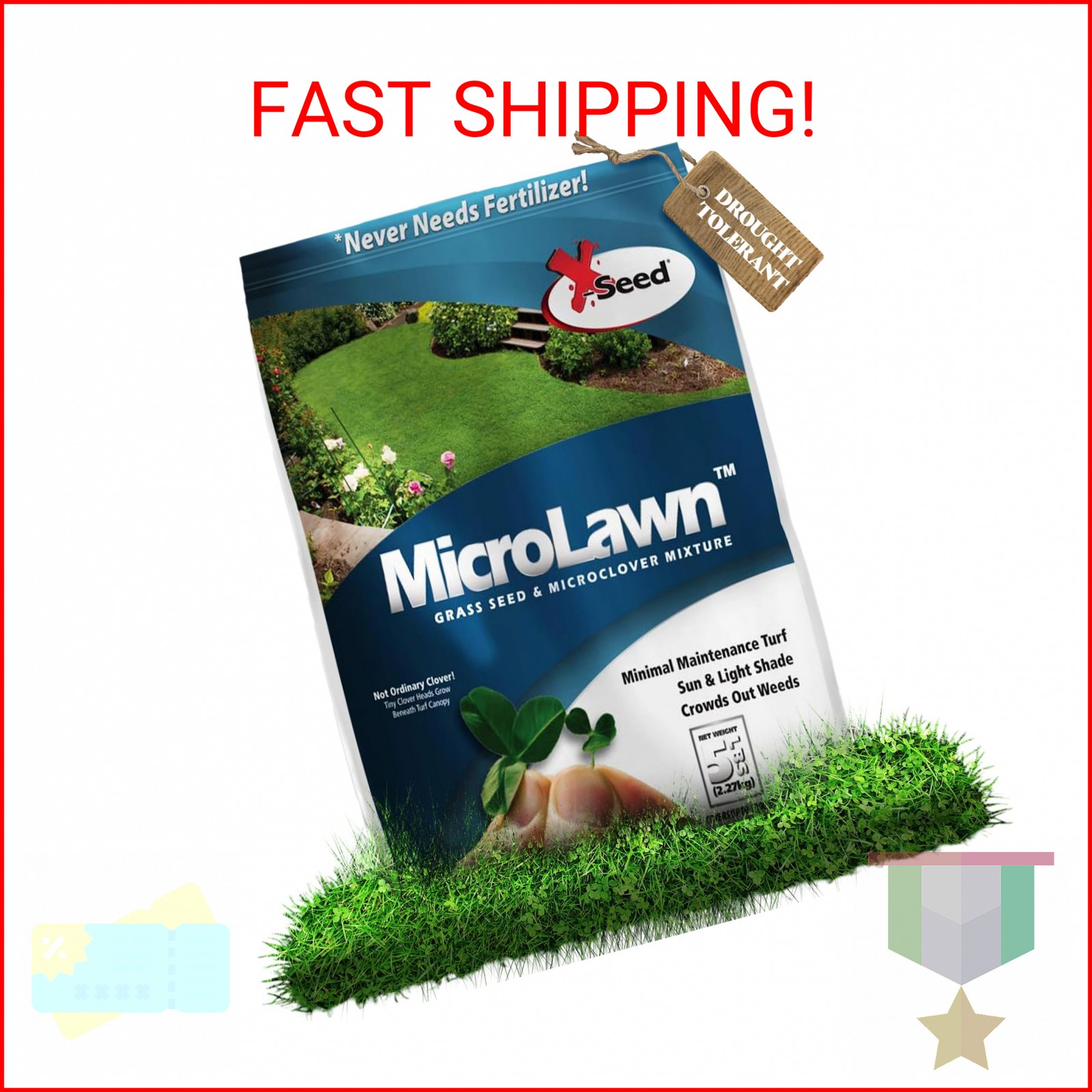 X-Seed Microlawn Grass Seed & Microclover Mix – Dense Self Feeding Lawn, Sun & S