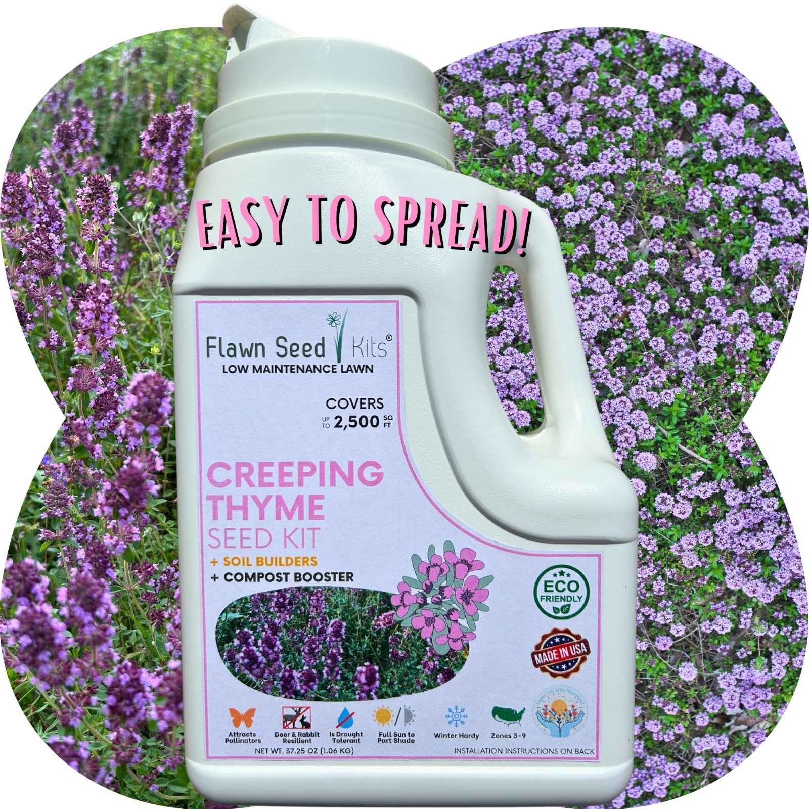 Flawn Seed Creeping Thyme, Easy Spread Shaker, Pollinator Friendly, Ground Cover