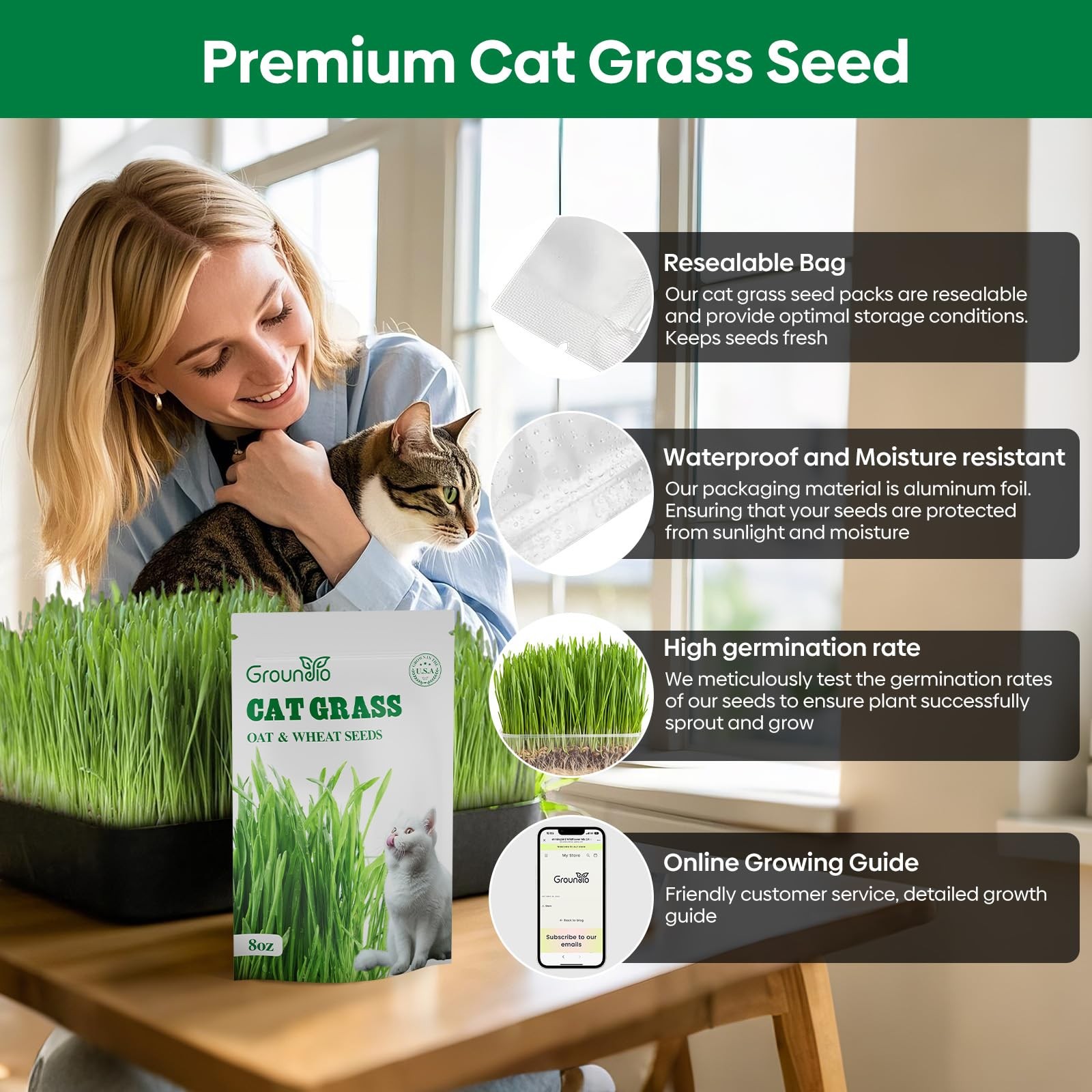 Cat Grass Seeds 8oz, Wheat & Oat Seeds Mix