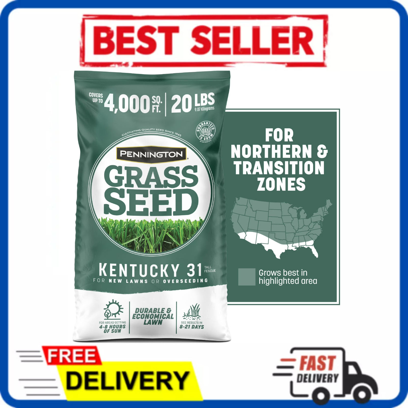 Pennington Kentucky 31 Tall Fescue Grass Seed Sun to Partial Shade 20 lb Bag New