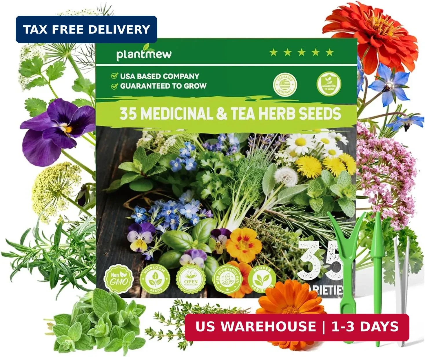 Medicinal & Tea Herb Seeds for Planting – 35 Non-GMO Variety Pack for Indoor/Out