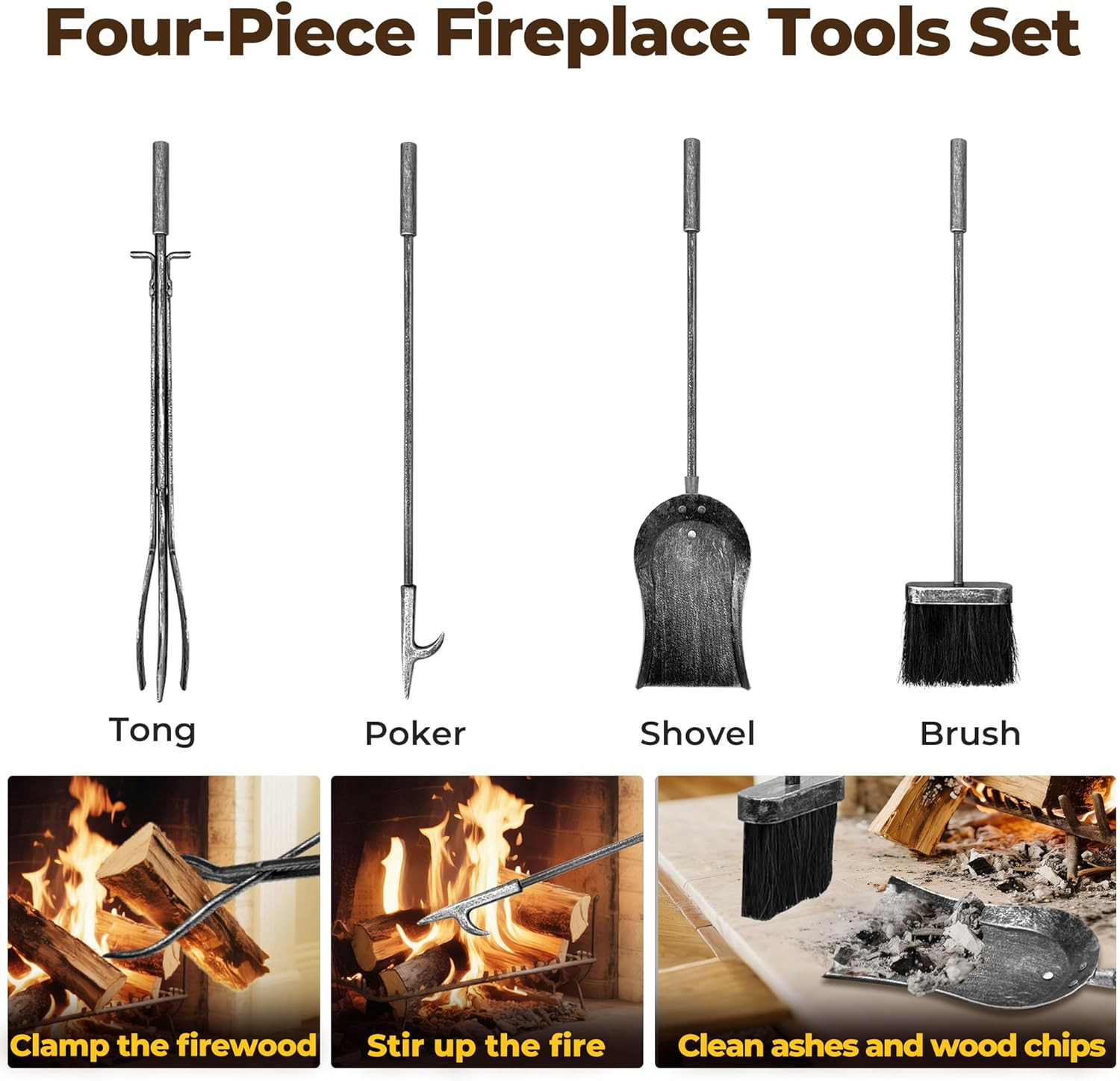 Antique Silver Firewood Rack with 5-Piece Tool Set for Fireplace & Fire Pit